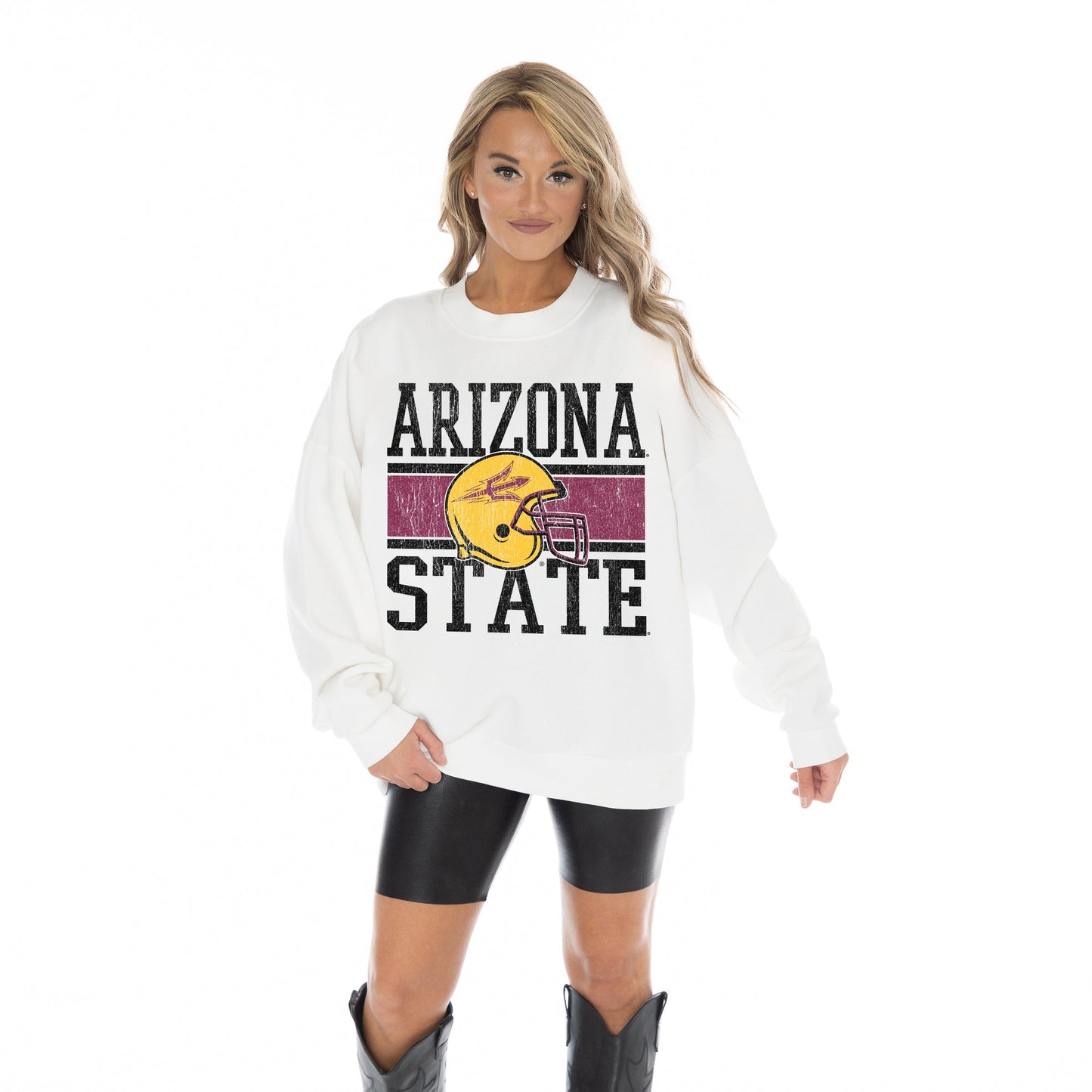 ARIZONA STATE SUN DEVILS FAIR CATCH LONG SLEEVE UNISEX FIT PREMIUM FLEECE CREWNECK SWEATSHIRT WITH RIBBED KNIT NECKLINE, WRIST, AND WAISTBAND