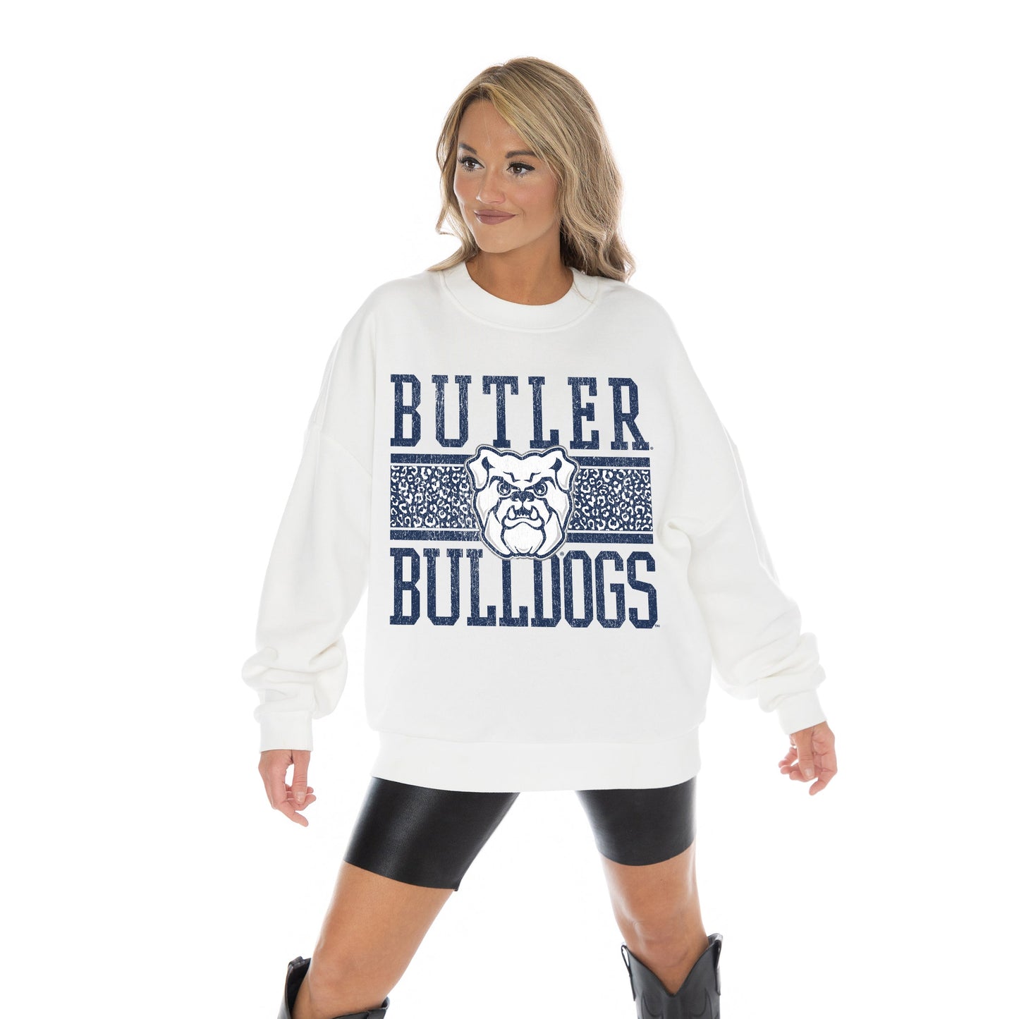BUTLER BULLDOGS FAIR CATCH LONG SLEEVE UNISEX FIT PREMIUM FLEECE CREWNECK SWEATSHIRT WITH RIBBED KNIT NECKLINE, WRIST, AND WAISTBAND