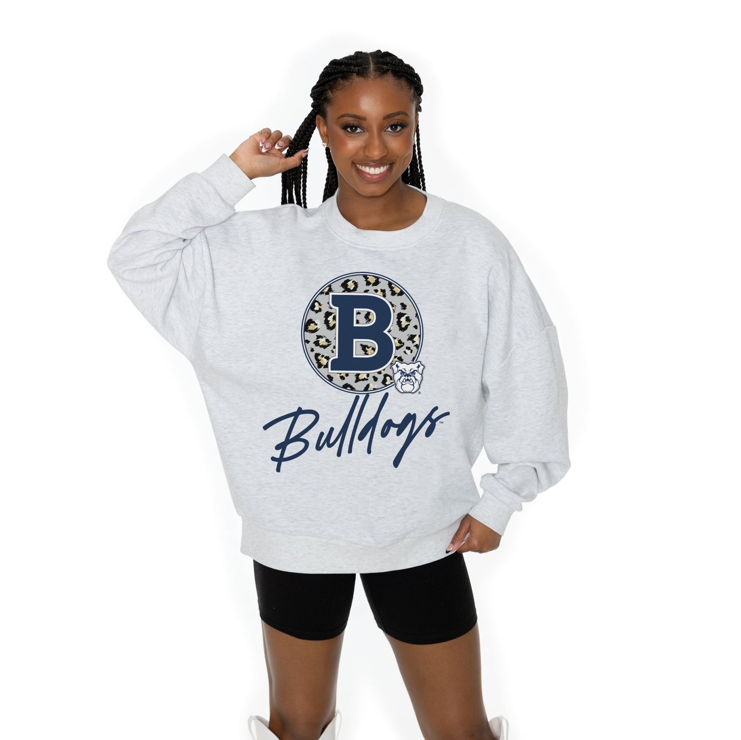 BUTLER BULLDOGS GOING WILD LONG SLEEVE UNISEX FIT PREMIUM FLEECE CREWNECK SWEATSHIRT WITH RIBBED KNIT NECKLINE, WRIST, AND WAISTBAND - The Club