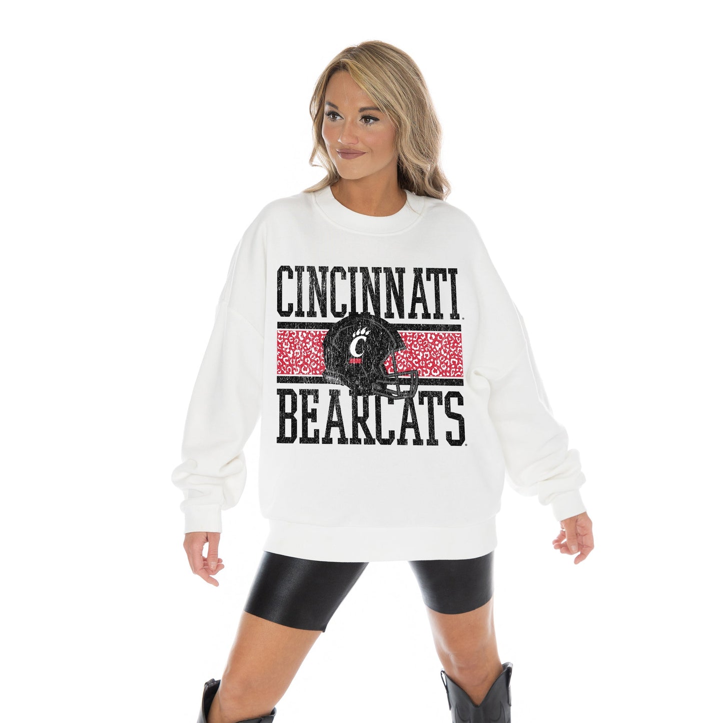 CINCINNATI BEARCATS FAIR CATCH LONG SLEEVE UNISEX FIT PREMIUM FLEECE CREWNECK SWEATSHIRT WITH RIBBED KNIT NECKLINE, WRIST, AND WAISTBAND