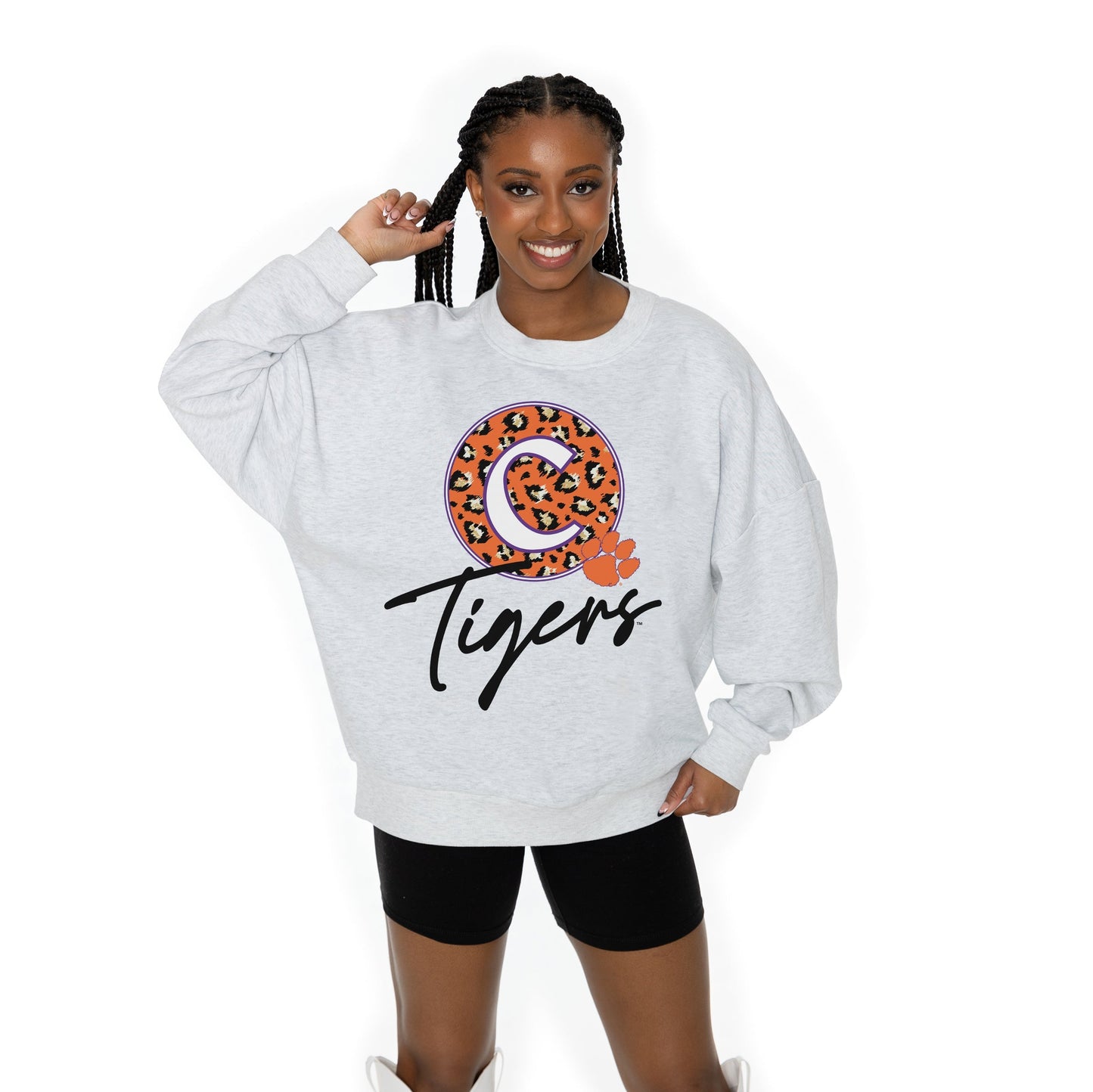 CLEMSON TIGERS GOING WILD LONG SLEEVE UNISEX FIT PREMIUM FLEECE CREWNECK SWEATSHIRT WITH RIBBED KNIT NECKLINE, WRIST, AND WAISTBAND