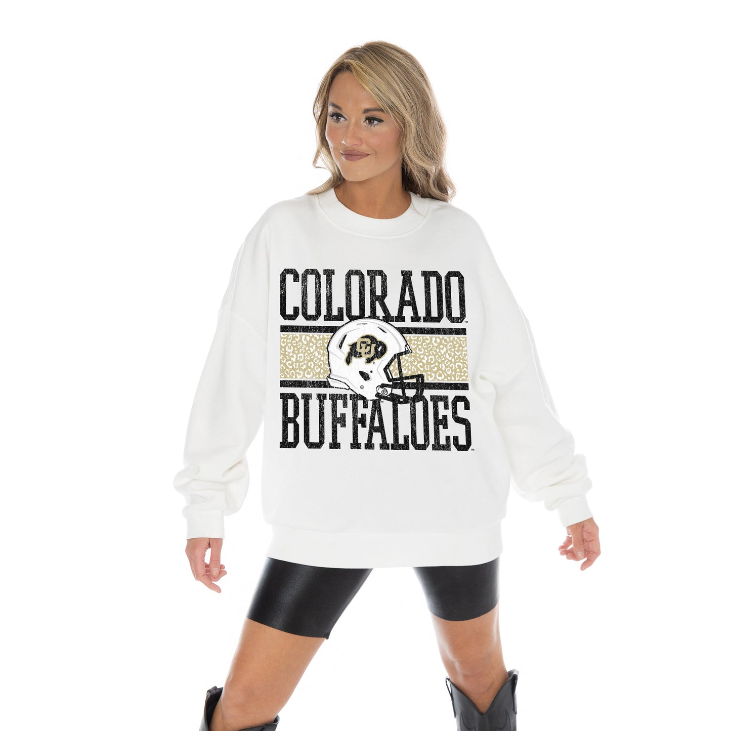 COLORADO BUFFALOES FAIR CATCH LONG SLEEVE UNISEX FIT PREMIUM FLEECE CREWNECK SWEATSHIRT WITH RIBBED KNIT NECKLINE, WRIST, AND WAISTBAND