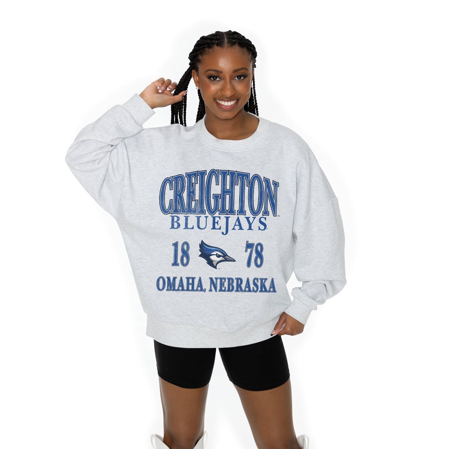 CREIGHTON BLUEJAYS ALLEGIANCE LONG SLEEVE UNISEX FIT PREMIUM FLEECE CREWNECK SWEATSHIRT WITH RIBBED KNIT NECKLINE, WRIST, AND WAISTBAND