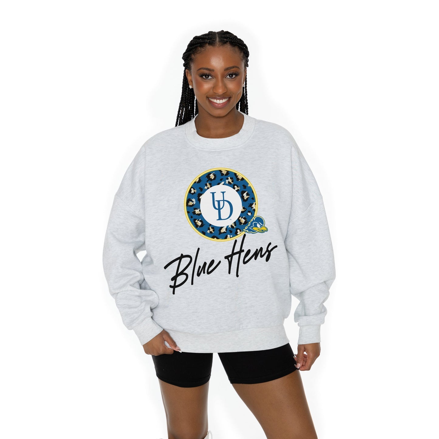 DELAWARE BLUE HENS GOING WILD LONG SLEEVE UNISEX FIT PREMIUM FLEECE CREWNECK SWEATSHIRT WITH RIBBED KNIT NECKLINE, WRIST, AND WAISTBAND