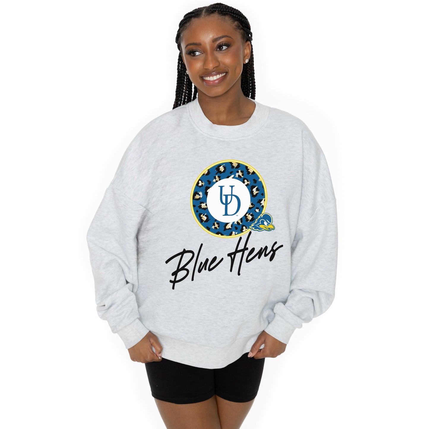 DELAWARE BLUE HENS GOING WILD LONG SLEEVE UNISEX FIT PREMIUM FLEECE CREWNECK SWEATSHIRT WITH RIBBED KNIT NECKLINE, WRIST, AND WAISTBAND