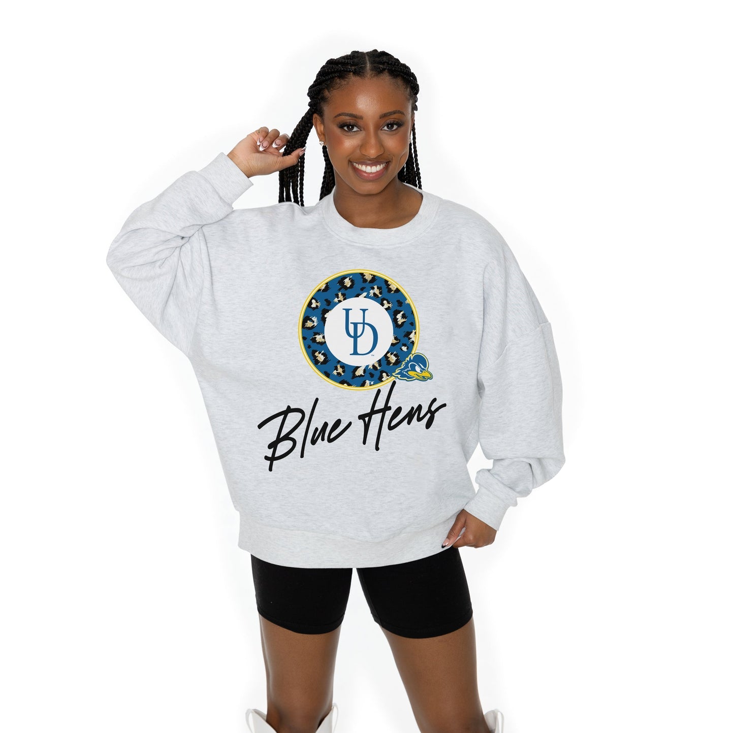 DELAWARE BLUE HENS GOING WILD LONG SLEEVE UNISEX FIT PREMIUM FLEECE CREWNECK SWEATSHIRT WITH RIBBED KNIT NECKLINE, WRIST, AND WAISTBAND