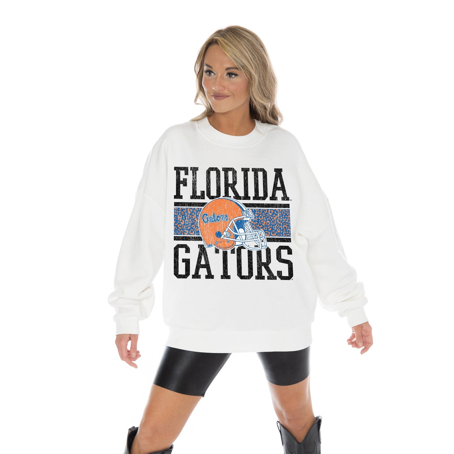 FLORIDA GATORS FAIR CATCH LONG SLEEVE UNISEX FIT PREMIUM FLEECE CREWNECK SWEATSHIRT WITH RIBBED KNIT NECKLINE, WRIST, AND WAISTBAND