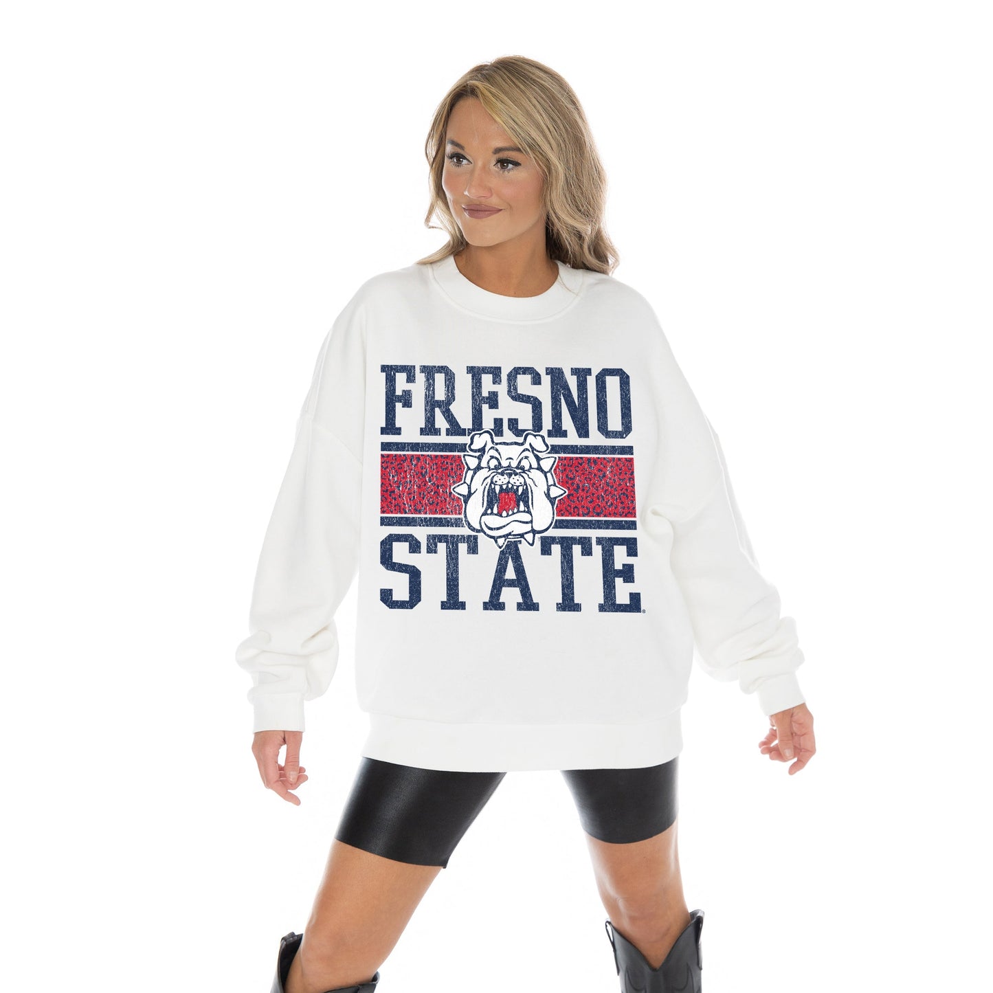 FRESNO STATE BULLDOGS FAIR CATCH LONG SLEEVE UNISEX FIT PREMIUM FLEECE CREWNECK SWEATSHIRT WITH RIBBED KNIT NECKLINE, WRIST, AND WAISTBAND