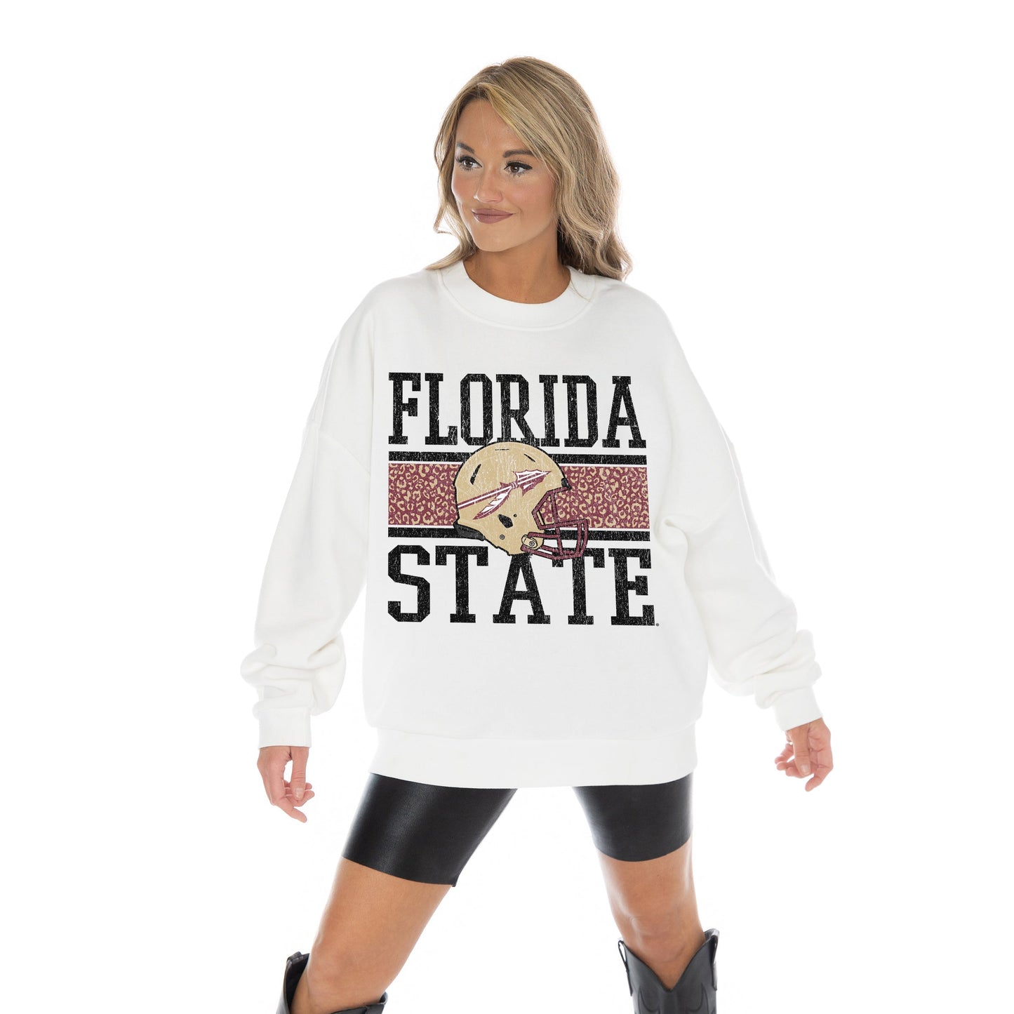 FLORIDA STATE SEMINOLES FAIR CATCH LONG SLEEVE UNISEX FIT PREMIUM FLEECE CREWNECK SWEATSHIRT WITH RIBBED KNIT NECKLINE, WRIST, AND WAISTBAND