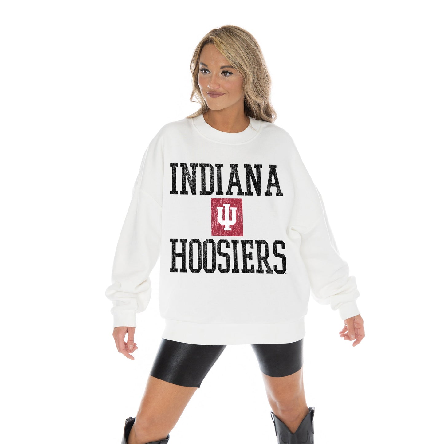 INDIANA HOOSIERS FAIR CATCH LONG SLEEVE UNISEX FIT PREMIUM FLEECE CREWNECK SWEATSHIRT WITH RIBBED KNIT NECKLINE, WRIST, AND WAISTBAND