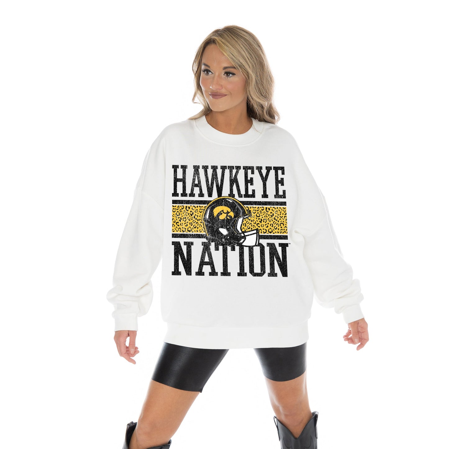 IOWA HAWKEYES FAIR CATCH LONG SLEEVE UNISEX FIT PREMIUM FLEECE CREWNECK SWEATSHIRT WITH RIBBED KNIT NECKLINE, WRIST, AND WAISTBAND