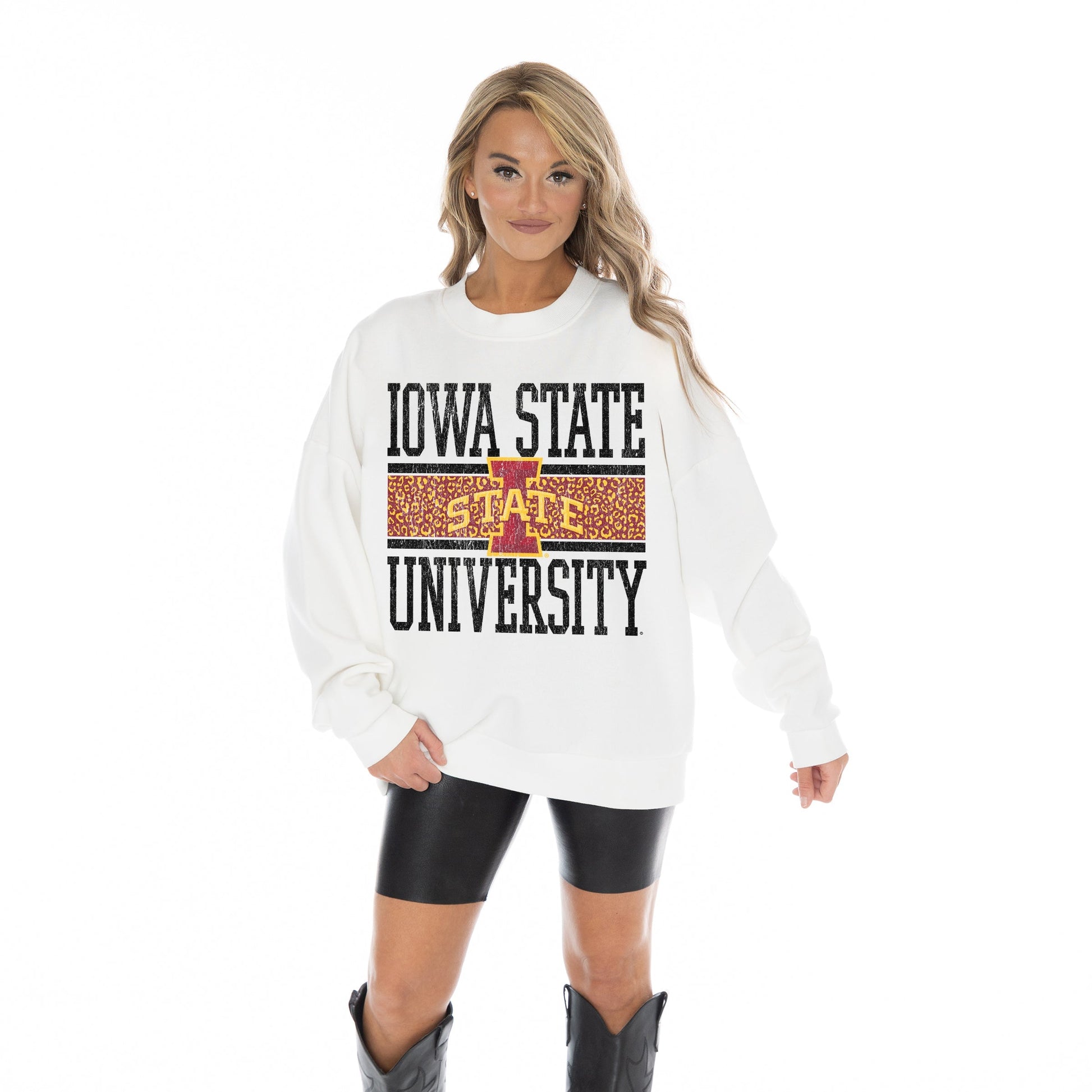 IOWA STATE CYCLONES FAIR CATCH LONG SLEEVE UNISEX FIT PREMIUM FLEECE CREWNECK SWEATSHIRT WITH RIBBED KNIT NECKLINE, WRIST, AND WAISTBAND