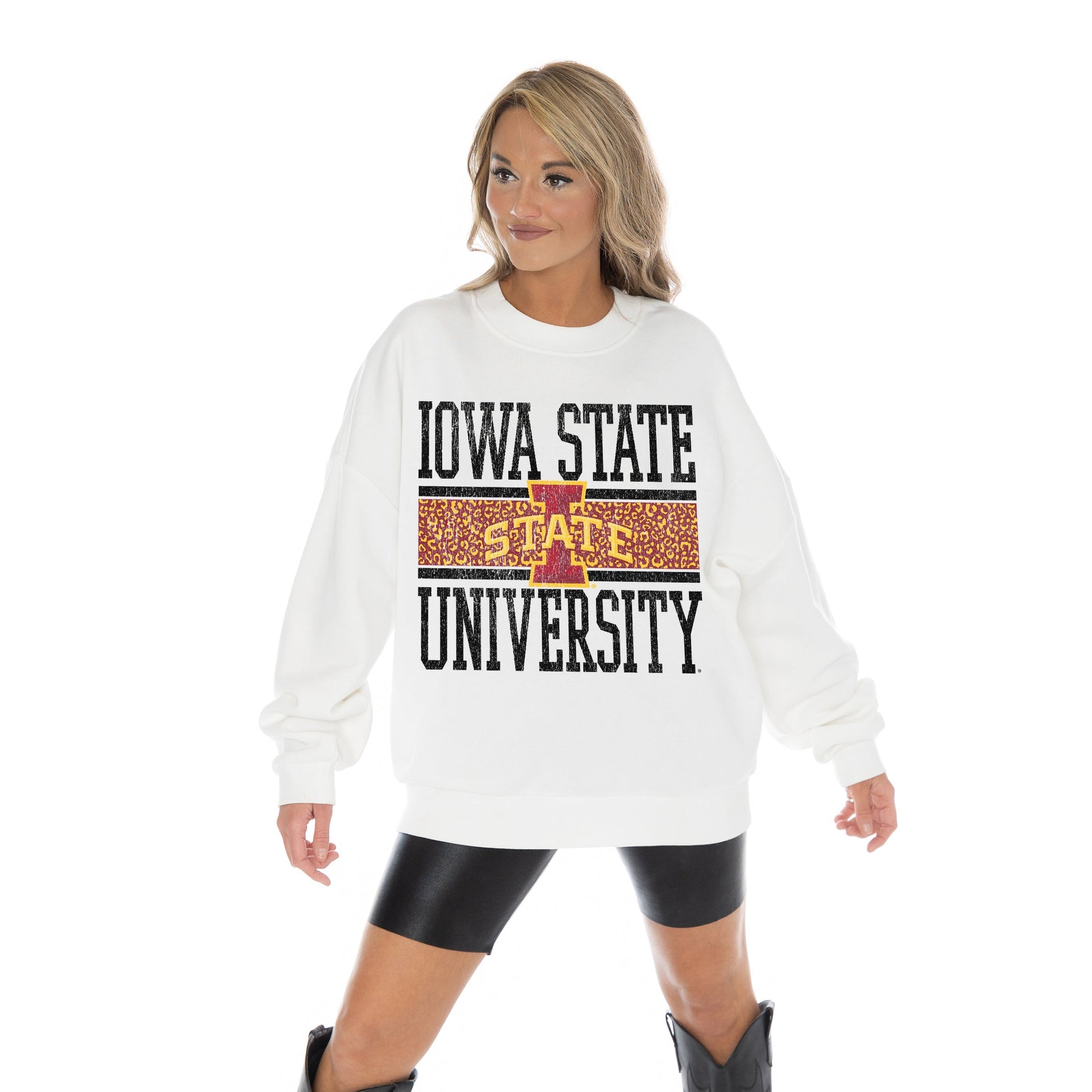 IOWA STATE CYCLONES FAIR CATCH LONG SLEEVE UNISEX FIT PREMIUM FLEECE CREWNECK SWEATSHIRT WITH RIBBED KNIT NECKLINE, WRIST, AND WAISTBAND