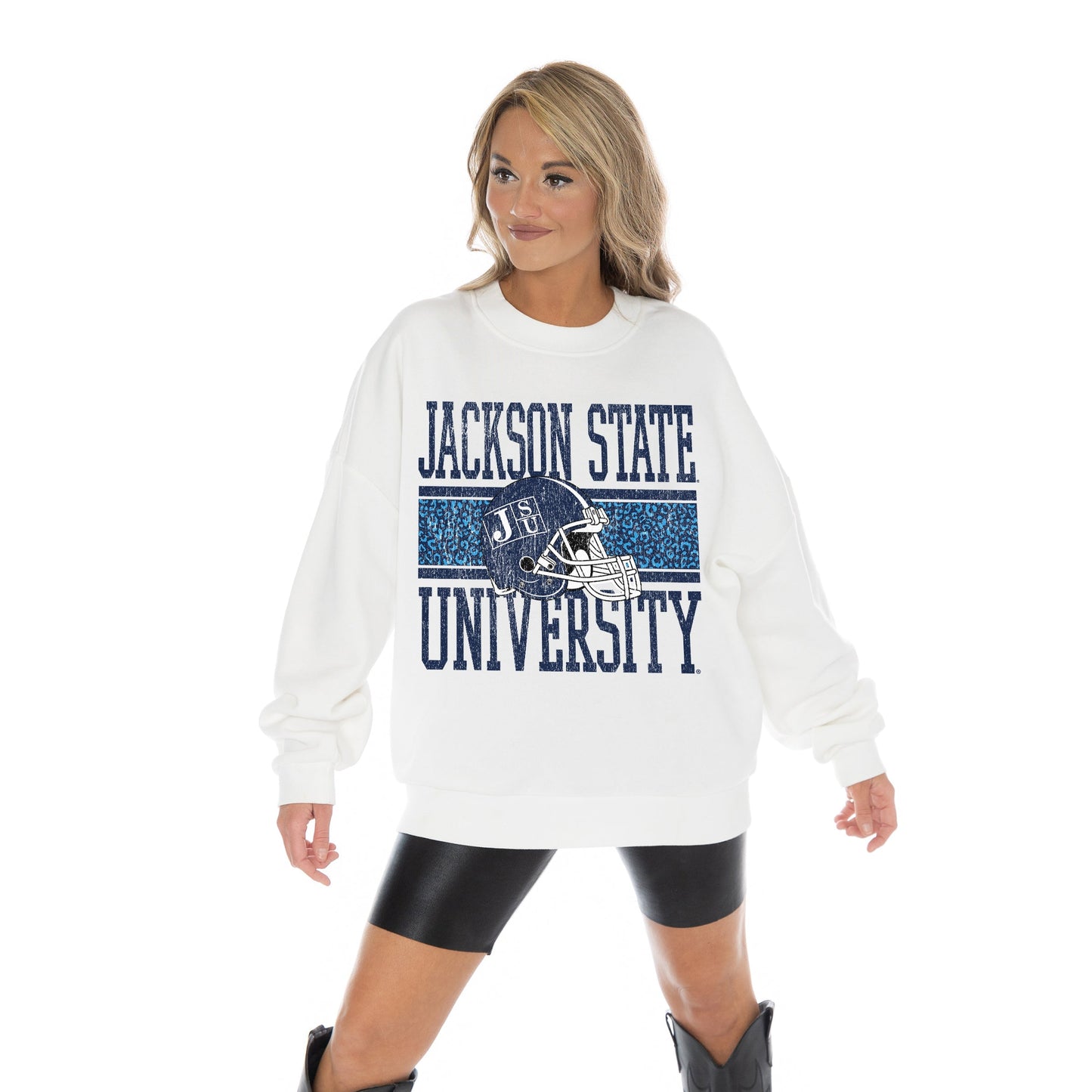 JACKSON STATE TIGERS FAIR CATCH LONG SLEEVE UNISEX FIT PREMIUM FLEECE CREWNECK SWEATSHIRT WITH RIBBED KNIT NECKLINE, WRIST, AND WAISTBAND