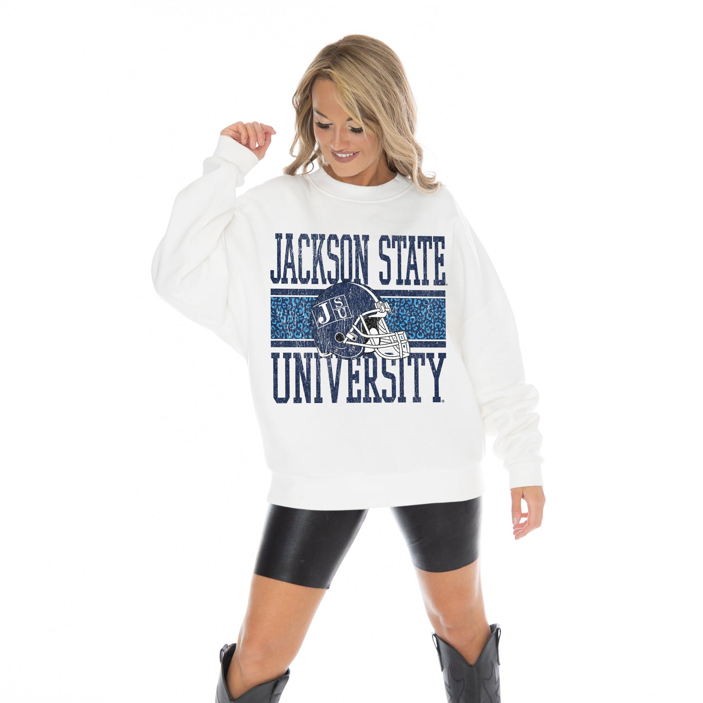JACKSON STATE TIGERS FAIR CATCH LONG SLEEVE UNISEX FIT PREMIUM FLEECE CREWNECK SWEATSHIRT WITH RIBBED KNIT NECKLINE, WRIST, AND WAISTBAND