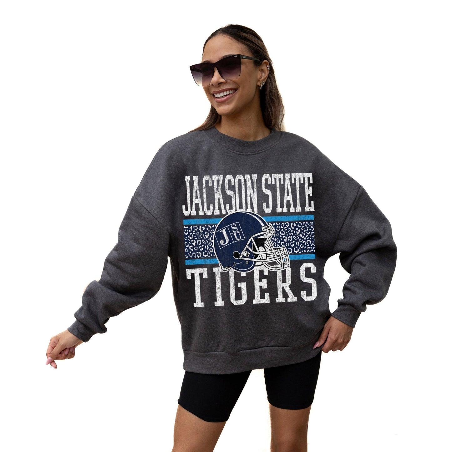 JACKSON STATE TIGERS WILD TAILGATE LONG SLEEVE UNISEX FIT PREMIUM FLEECE CREWNECK SWEATSHIRT WITH RIBBED KNIT NECKLINE, WRIST, AND WAISTBAND - The Club