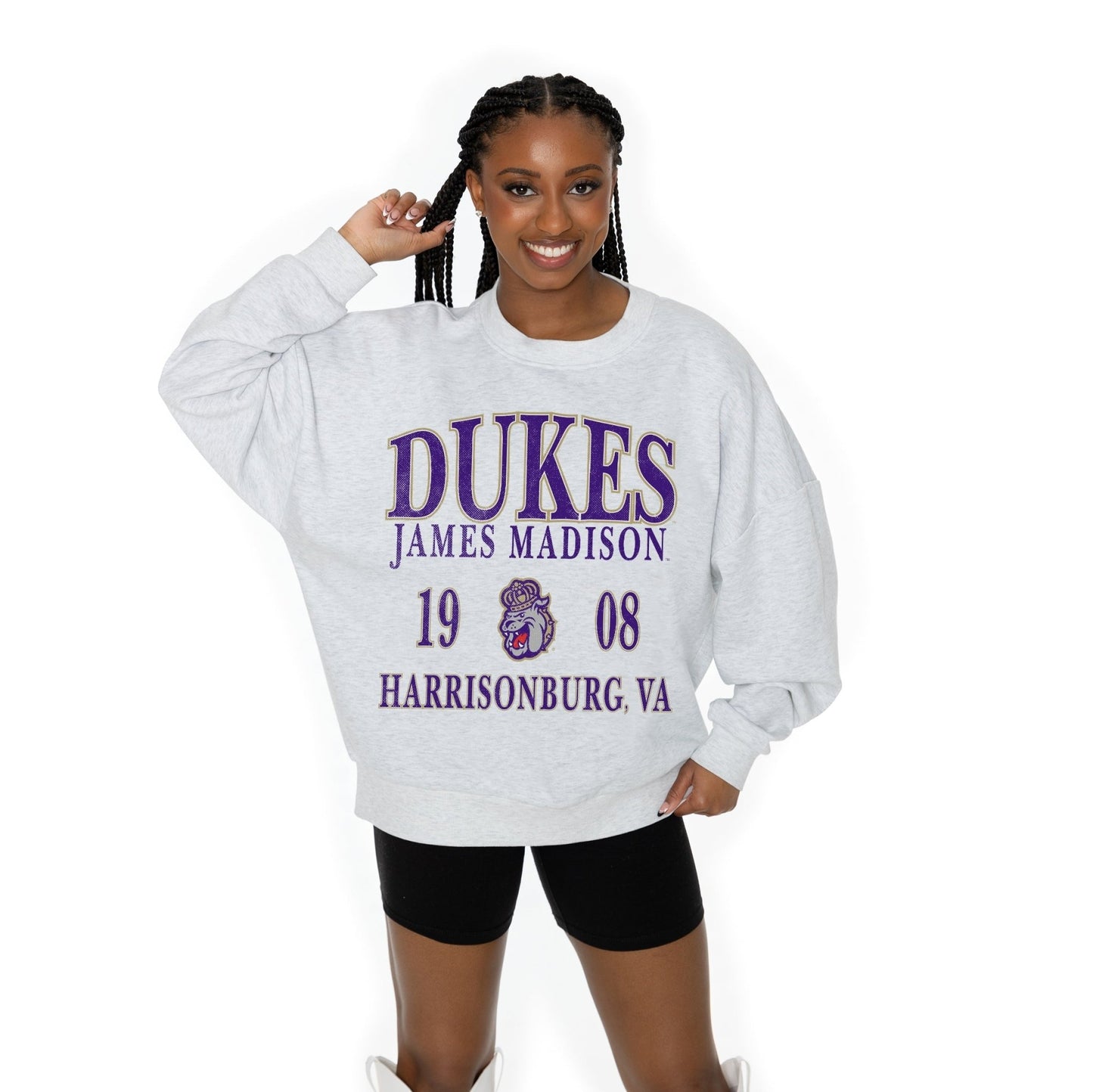 JAMES MADISON DUKES ALLEGIANCE LONG SLEEVE UNISEX FIT PREMIUM FLEECE CREWNECK SWEATSHIRT WITH RIBBED KNIT NECKLINE, WRIST, AND WAISTBAND - The Club