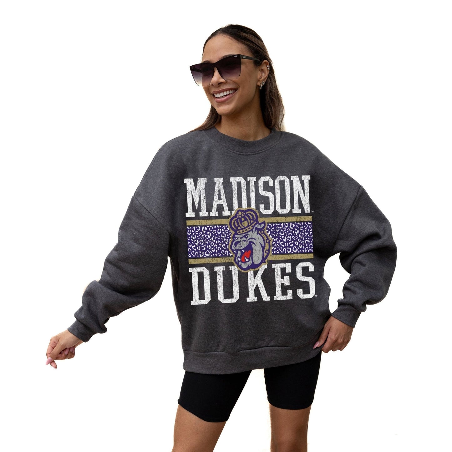 JAMES MADISON DUKES WILD TAILGATE LONG SLEEVE UNISEX FIT PREMIUM FLEECE CREWNECK SWEATSHIRT WITH RIBBED KNIT NECKLINE, WRIST, AND WAISTBAND - The Club