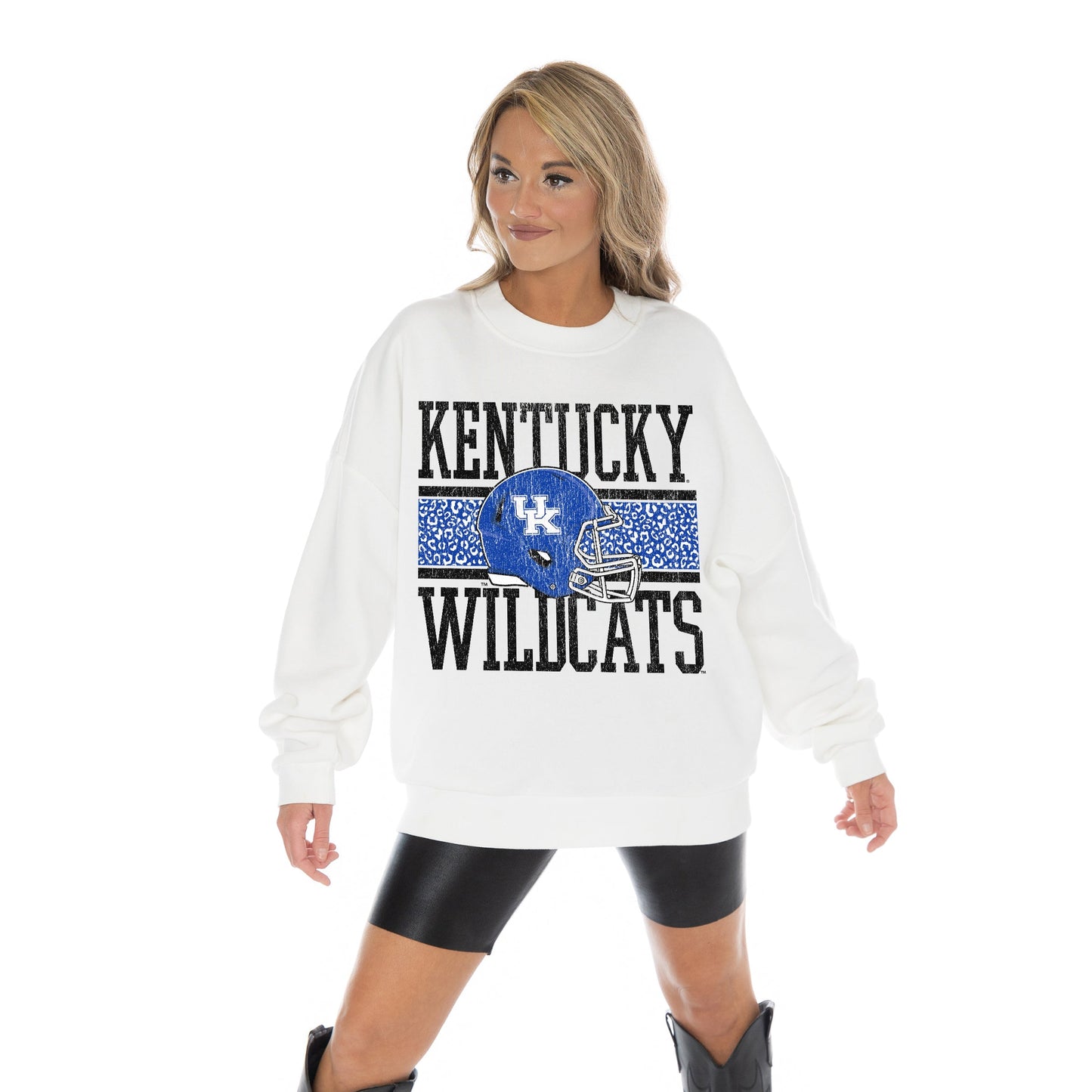 KENTUCKY WILDCATS FAIR CATCH LONG SLEEVE UNISEX FIT PREMIUM FLEECE CREWNECK SWEATSHIRT WITH RIBBED KNIT NECKLINE, WRIST, AND WAISTBAND