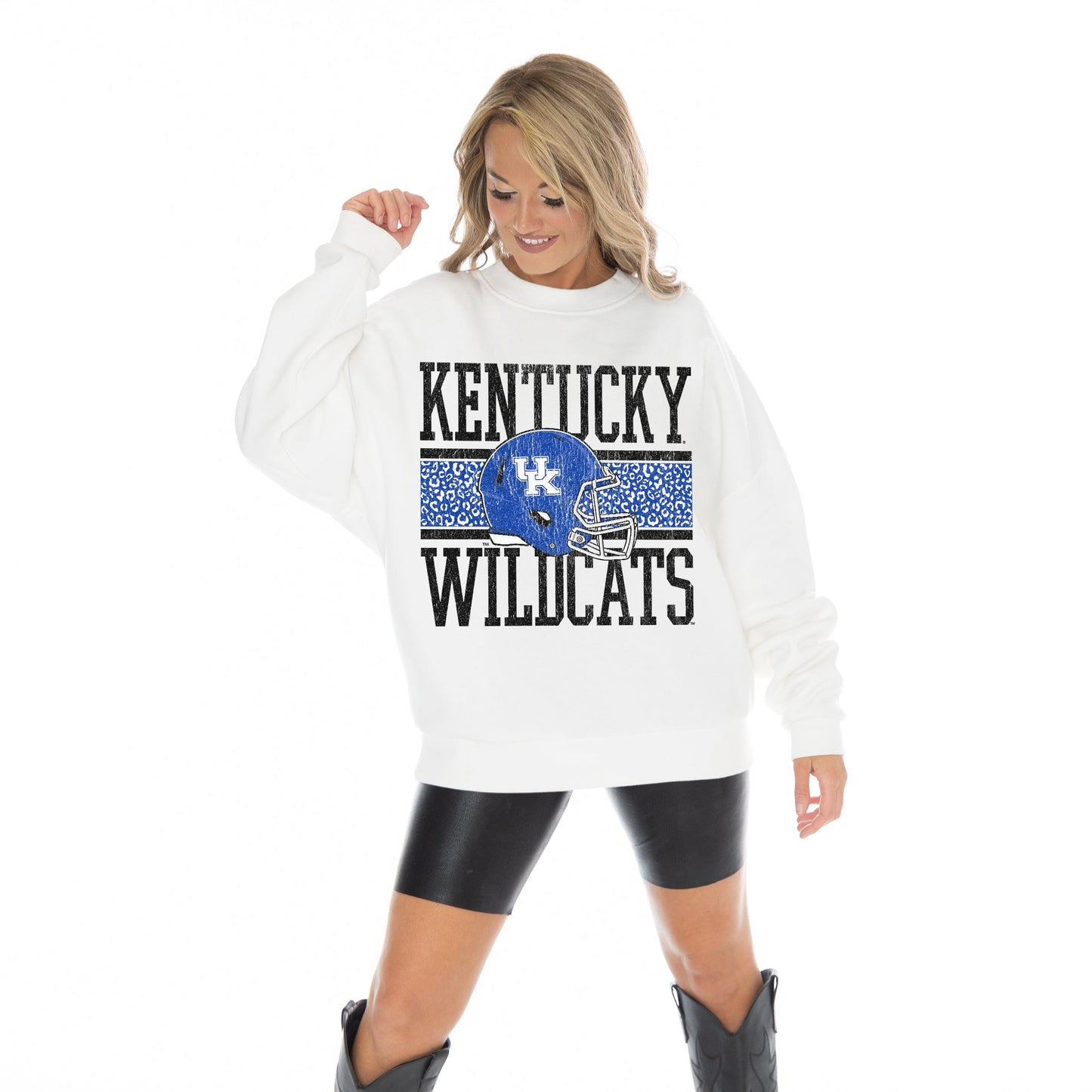 KENTUCKY WILDCATS FAIR CATCH LONG SLEEVE UNISEX FIT PREMIUM FLEECE CREWNECK SWEATSHIRT WITH RIBBED KNIT NECKLINE, WRIST, AND WAISTBAND