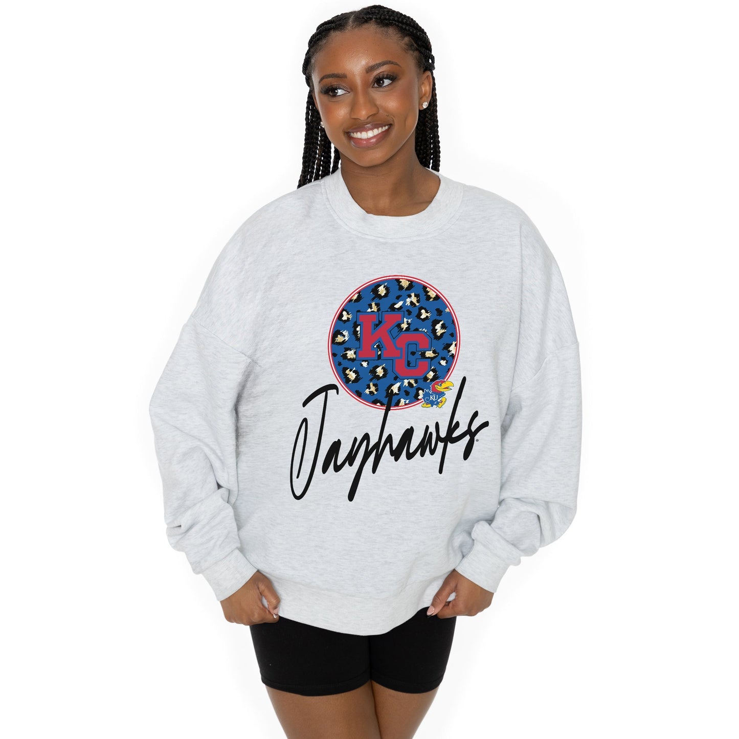 KANSAS JAYHAWKS GOING WILD LONG SLEEVE UNISEX FIT PREMIUM FLEECE CREWNECK SWEATSHIRT WITH RIBBED KNIT NECKLINE, WRIST, AND WAISTBAND