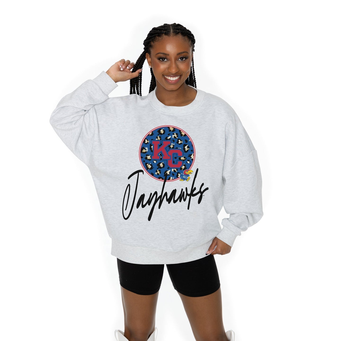 KANSAS JAYHAWKS GOING WILD LONG SLEEVE UNISEX FIT PREMIUM FLEECE CREWNECK SWEATSHIRT WITH RIBBED KNIT NECKLINE, WRIST, AND WAISTBAND