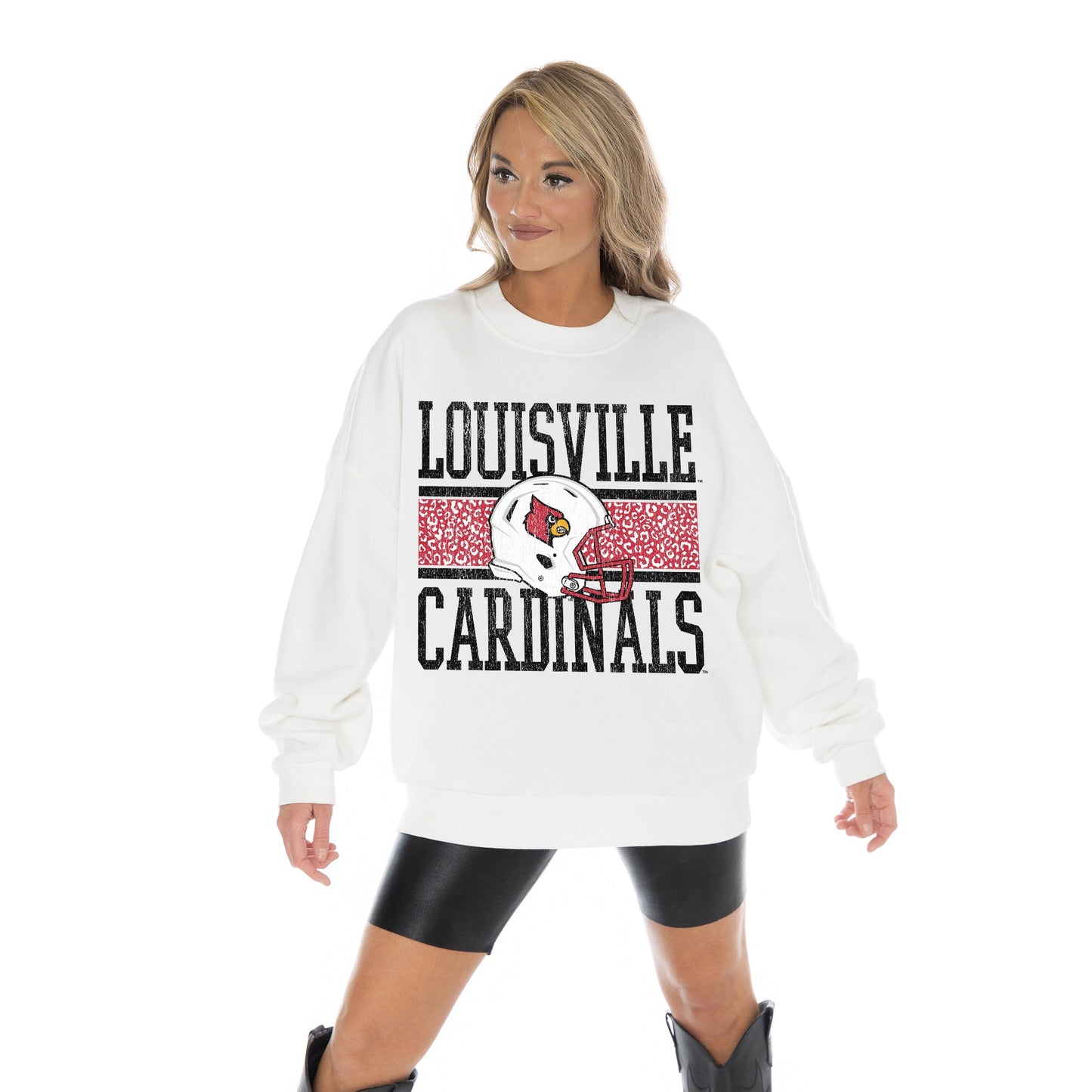 LOUISVILLE CARDINALS FAIR CATCH LONG SLEEVE UNISEX FIT PREMIUM FLEECE CREWNECK SWEATSHIRT WITH RIBBED KNIT NECKLINE, WRIST, AND WAISTBAND