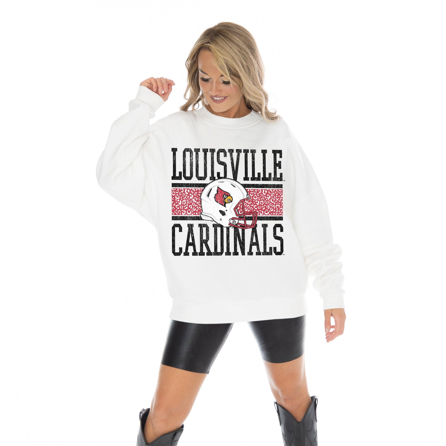 LOUISVILLE CARDINALS FAIR CATCH LONG SLEEVE UNISEX FIT PREMIUM FLEECE CREWNECK SWEATSHIRT WITH RIBBED KNIT NECKLINE, WRIST, AND WAISTBAND