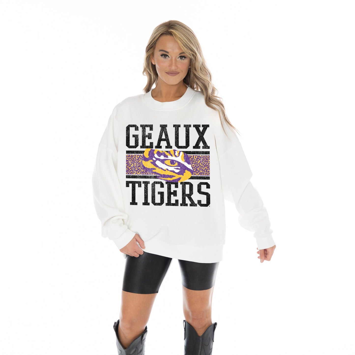 LSU TIGERS FAIR CATCH LONG SLEEVE UNISEX FIT PREMIUM FLEECE CREWNECK SWEATSHIRT WITH RIBBED KNIT NECKLINE, WRIST, AND WAISTBAND