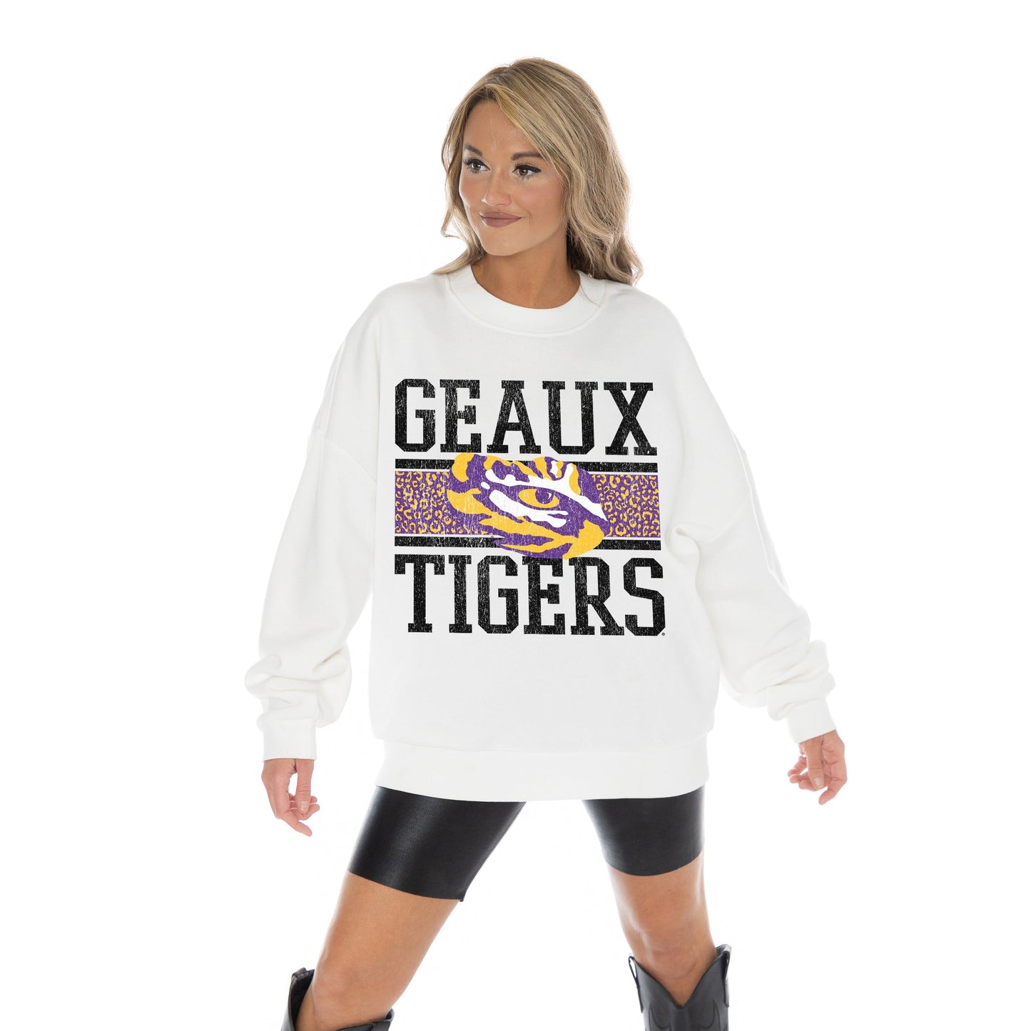 LSU TIGERS FAIR CATCH LONG SLEEVE UNISEX FIT PREMIUM FLEECE CREWNECK SWEATSHIRT WITH RIBBED KNIT NECKLINE, WRIST, AND WAISTBAND