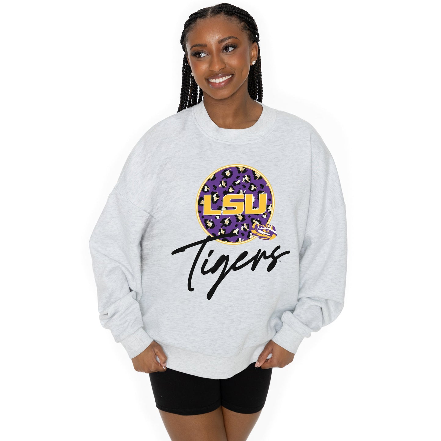 LSU TIGERS GOING WILD LONG SLEEVE UNISEX FIT PREMIUM FLEECE CREWNECK SWEATSHIRT WITH RIBBED KNIT NECKLINE, WRIST, AND WAISTBAND