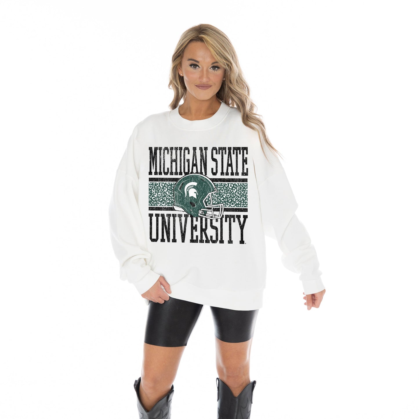MICHIGAN STATE SPARTANS FAIR CATCH LONG SLEEVE UNISEX FIT PREMIUM FLEECE CREWNECK SWEATSHIRT WITH RIBBED KNIT NECKLINE, WRIST, AND WAISTBAND