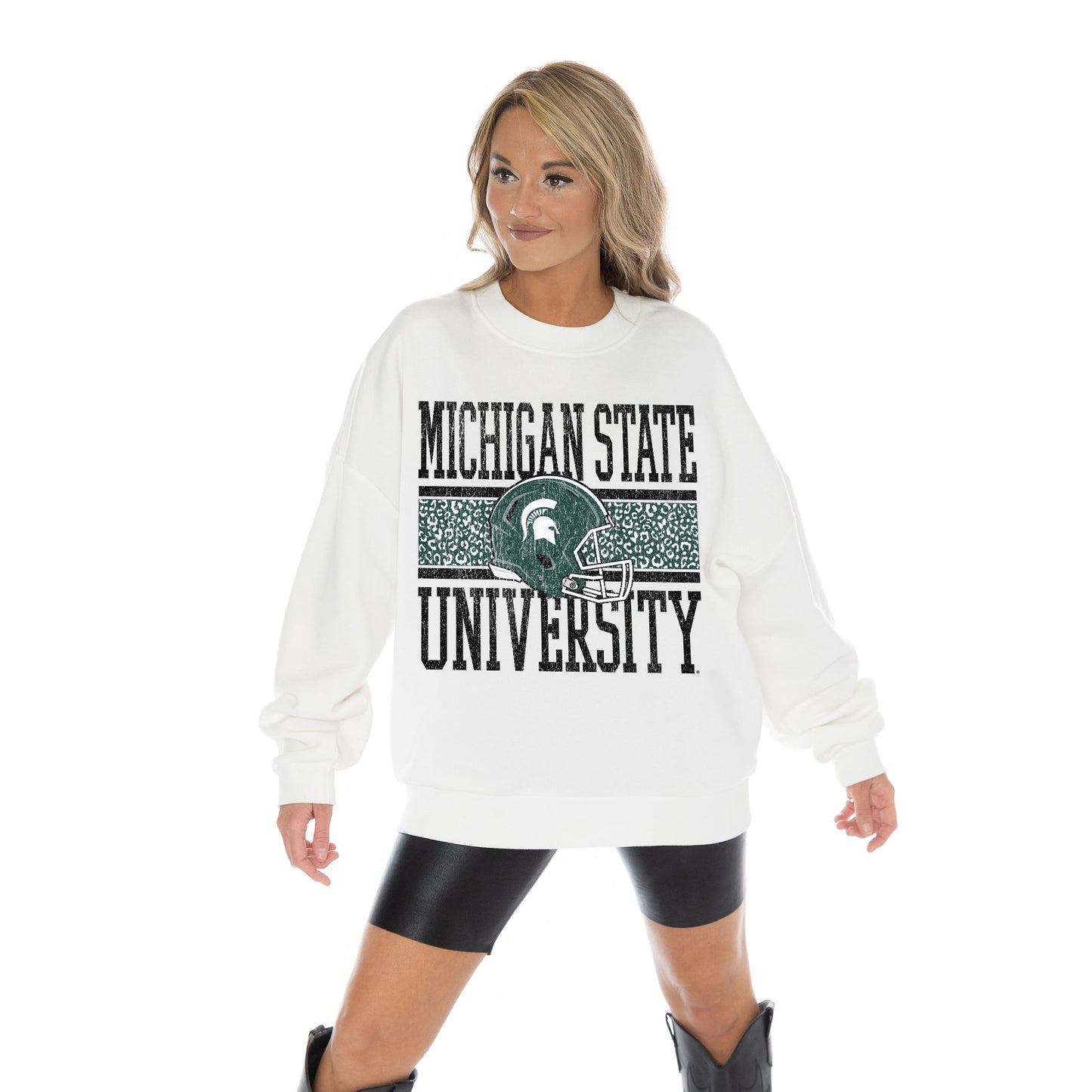 MICHIGAN STATE SPARTANS FAIR CATCH LONG SLEEVE UNISEX FIT PREMIUM FLEECE CREWNECK SWEATSHIRT WITH RIBBED KNIT NECKLINE, WRIST, AND WAISTBAND