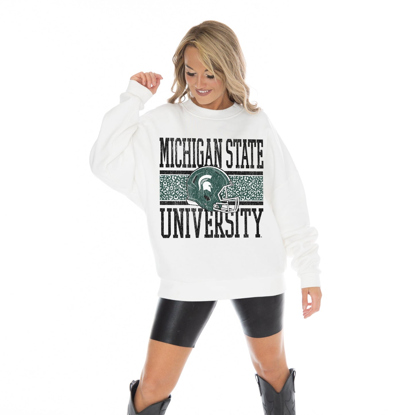 MICHIGAN STATE SPARTANS FAIR CATCH LONG SLEEVE UNISEX FIT PREMIUM FLEECE CREWNECK SWEATSHIRT WITH RIBBED KNIT NECKLINE, WRIST, AND WAISTBAND