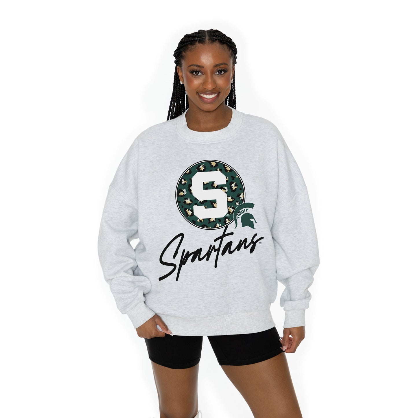 MICHIGAN STATE SPARTANS GOING WILD LONG SLEEVE UNISEX FIT PREMIUM FLEECE CREWNECK SWEATSHIRT WITH RIBBED KNIT NECKLINE, WRIST, AND WAISTBAND