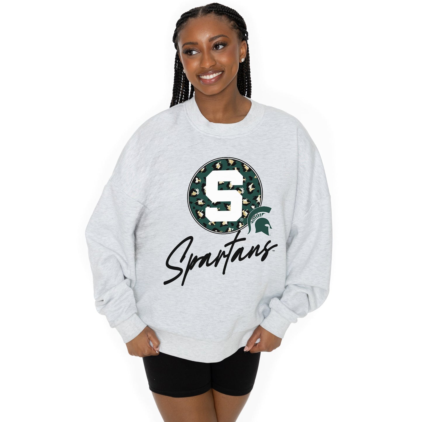MICHIGAN STATE SPARTANS GOING WILD LONG SLEEVE UNISEX FIT PREMIUM FLEECE CREWNECK SWEATSHIRT WITH RIBBED KNIT NECKLINE, WRIST, AND WAISTBAND