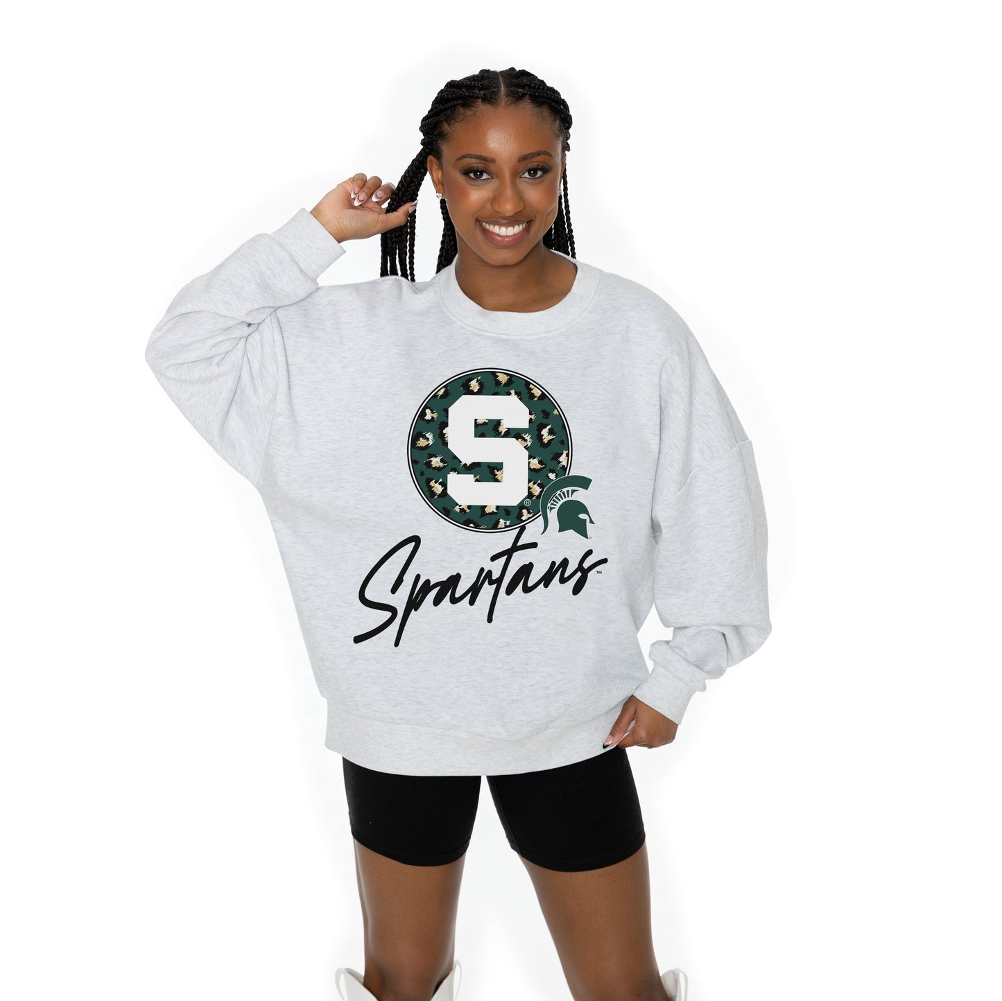 MICHIGAN STATE SPARTANS GOING WILD LONG SLEEVE UNISEX FIT PREMIUM FLEECE CREWNECK SWEATSHIRT WITH RIBBED KNIT NECKLINE, WRIST, AND WAISTBAND