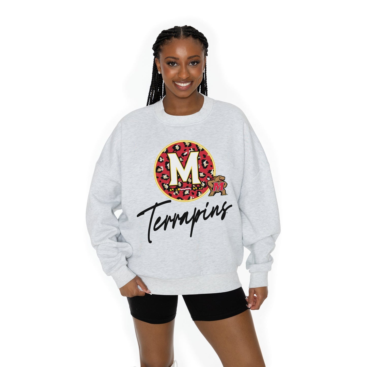 MARYLAND TERRAPINS GOING WILD LONG SLEEVE UNISEX FIT PREMIUM FLEECE CREWNECK SWEATSHIRT WITH RIBBED KNIT NECKLINE, WRIST, AND WAISTBAND