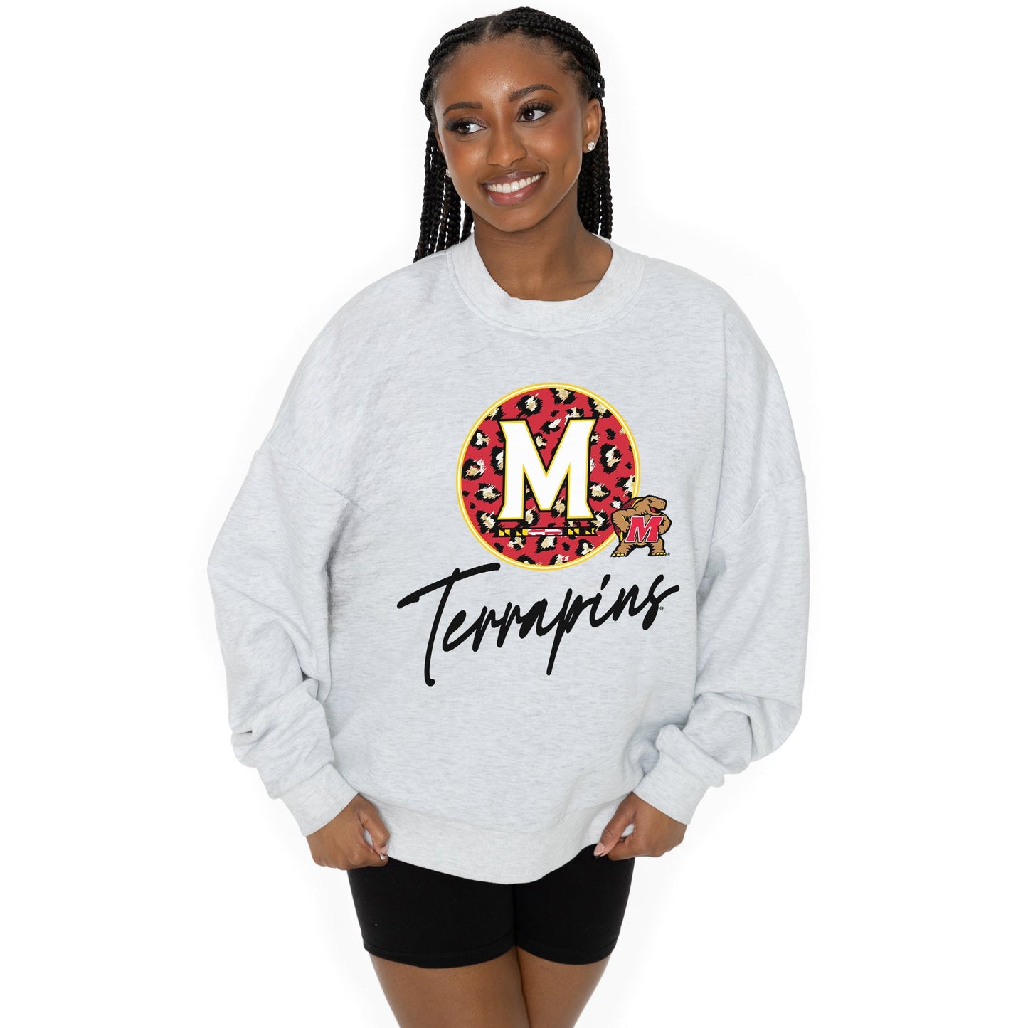 MARYLAND TERRAPINS GOING WILD LONG SLEEVE UNISEX FIT PREMIUM FLEECE CREWNECK SWEATSHIRT WITH RIBBED KNIT NECKLINE, WRIST, AND WAISTBAND