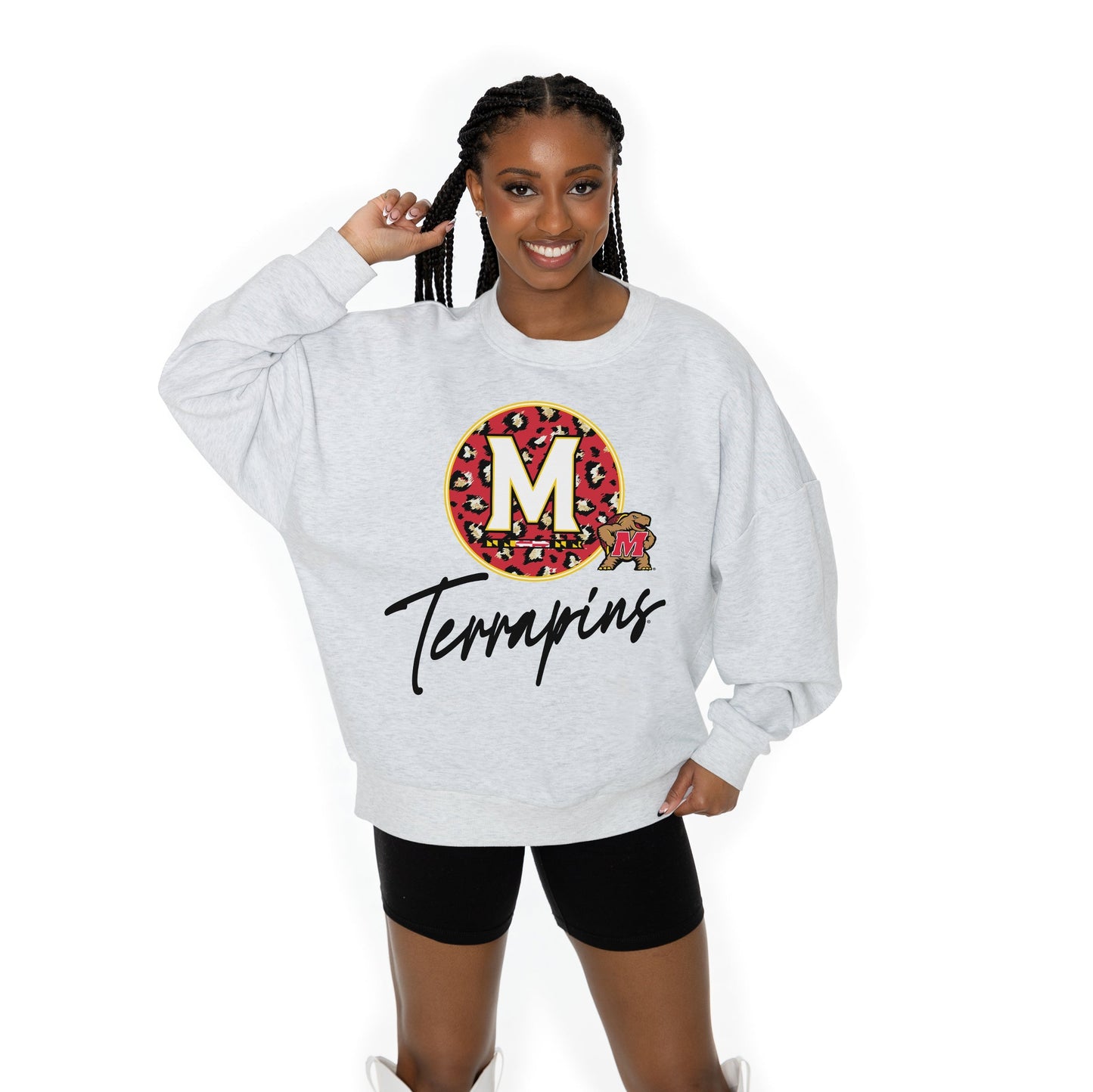 MARYLAND TERRAPINS GOING WILD LONG SLEEVE UNISEX FIT PREMIUM FLEECE CREWNECK SWEATSHIRT WITH RIBBED KNIT NECKLINE, WRIST, AND WAISTBAND
