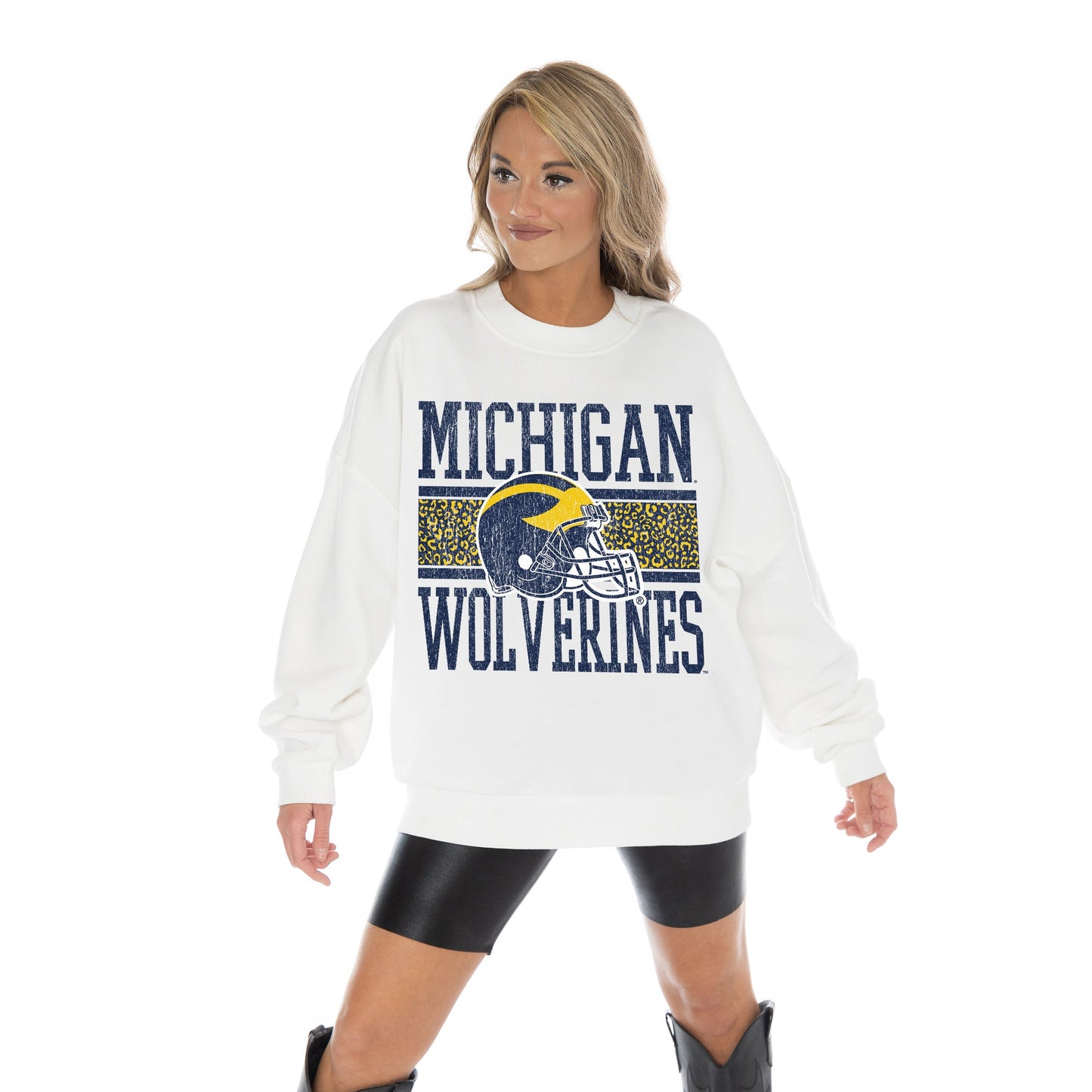 MICHIGAN WOLVERINES FAIR CATCH LONG SLEEVE UNISEX FIT PREMIUM FLEECE CREWNECK SWEATSHIRT WITH RIBBED KNIT NECKLINE, WRIST, AND WAISTBAND