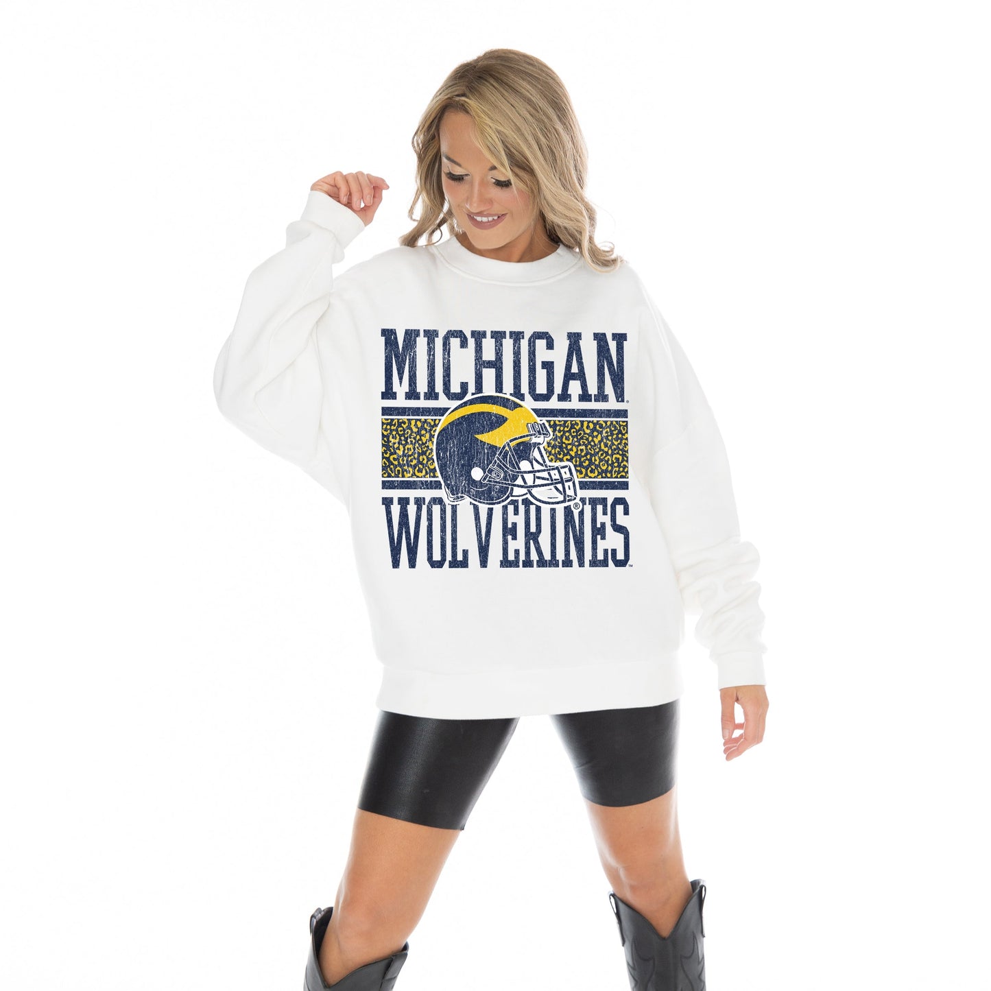 MICHIGAN WOLVERINES FAIR CATCH LONG SLEEVE UNISEX FIT PREMIUM FLEECE CREWNECK SWEATSHIRT WITH RIBBED KNIT NECKLINE, WRIST, AND WAISTBAND