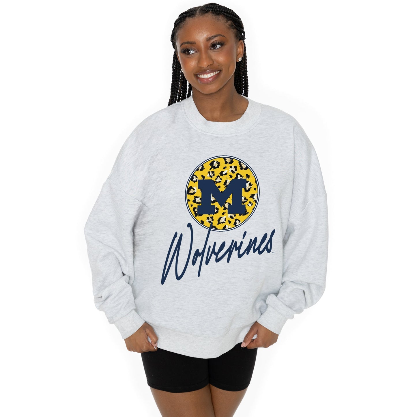 MICHIGAN WOLVERINES GOING WILD LONG SLEEVE UNISEX FIT PREMIUM FLEECE CREWNECK SWEATSHIRT WITH RIBBED KNIT NECKLINE, WRIST, AND WAISTBAND