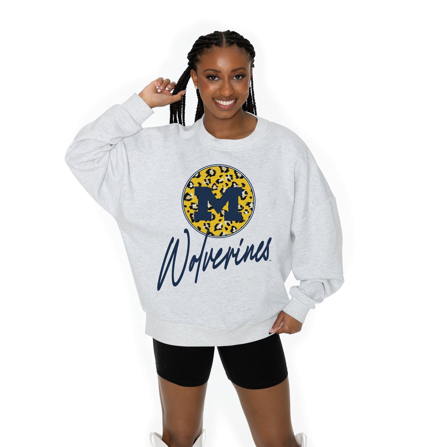 MICHIGAN WOLVERINES GOING WILD LONG SLEEVE UNISEX FIT PREMIUM FLEECE CREWNECK SWEATSHIRT WITH RIBBED KNIT NECKLINE, WRIST, AND WAISTBAND