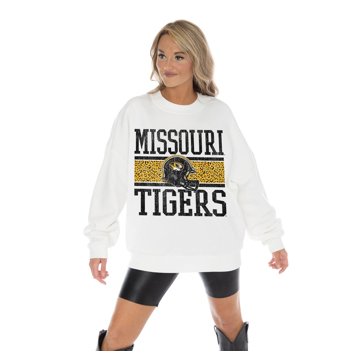 MISSOURI TIGERS FAIR CATCH LONG SLEEVE UNISEX FIT PREMIUM FLEECE CREWNECK SWEATSHIRT WITH RIBBED KNIT NECKLINE, WRIST, AND WAISTBAND
