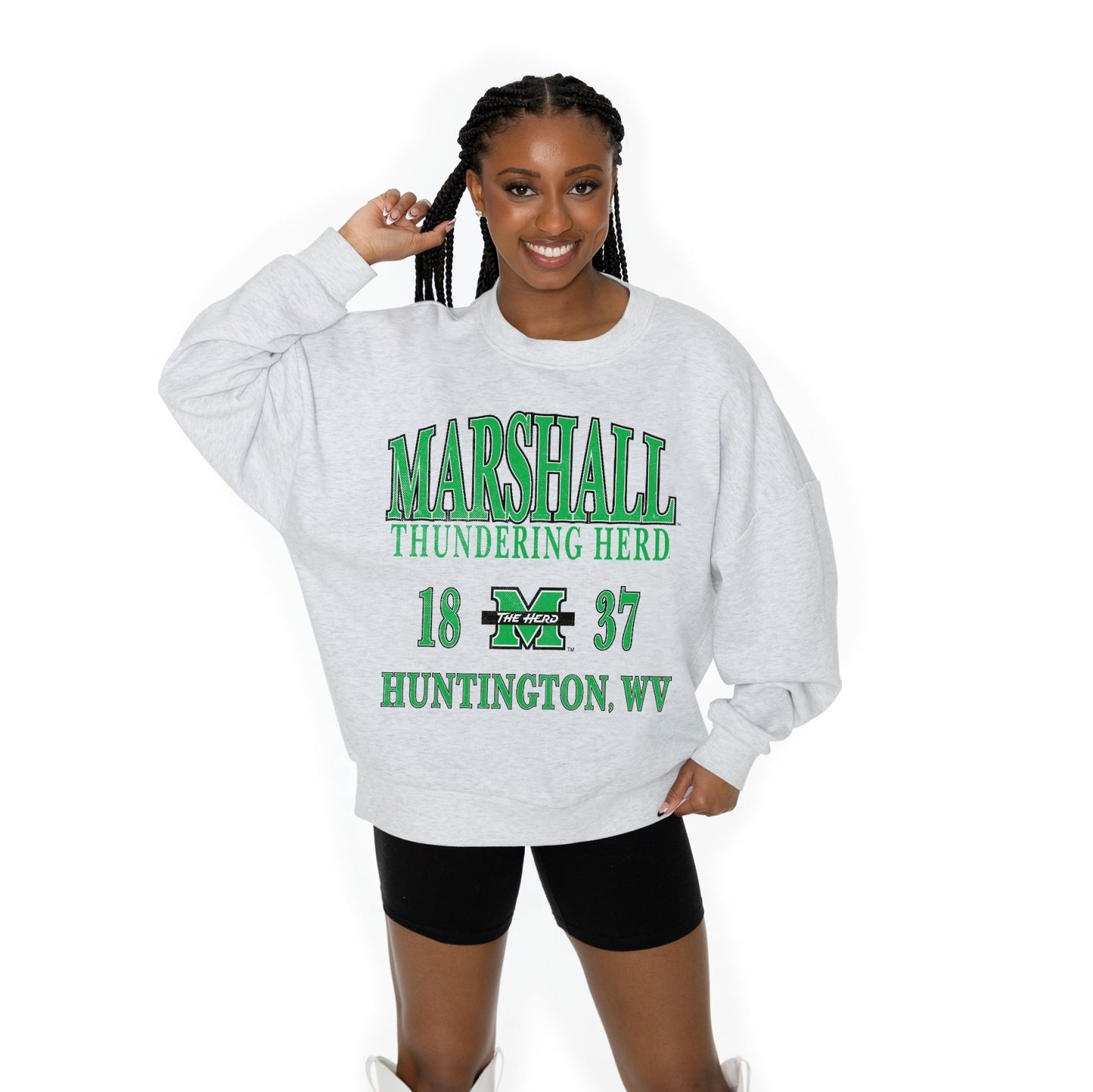 MARSHALL THUNDERING HERD ALLEGIANCE LONG SLEEVE UNISEX FIT PREMIUM FLEECE CREWNECK SWEATSHIRT WITH RIBBED KNIT NECKLINE, WRIST, AND WAISTBAND - The Club