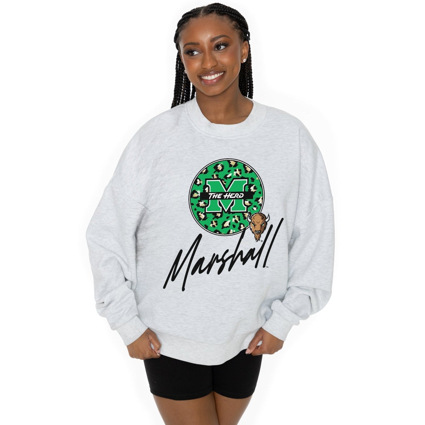 MARSHALL THUNDERING HERD GOING WILD LONG SLEEVE UNISEX FIT PREMIUM FLEECE CREWNECK SWEATSHIRT WITH RIBBED KNIT NECKLINE, WRIST, AND WAISTBAND - The Club