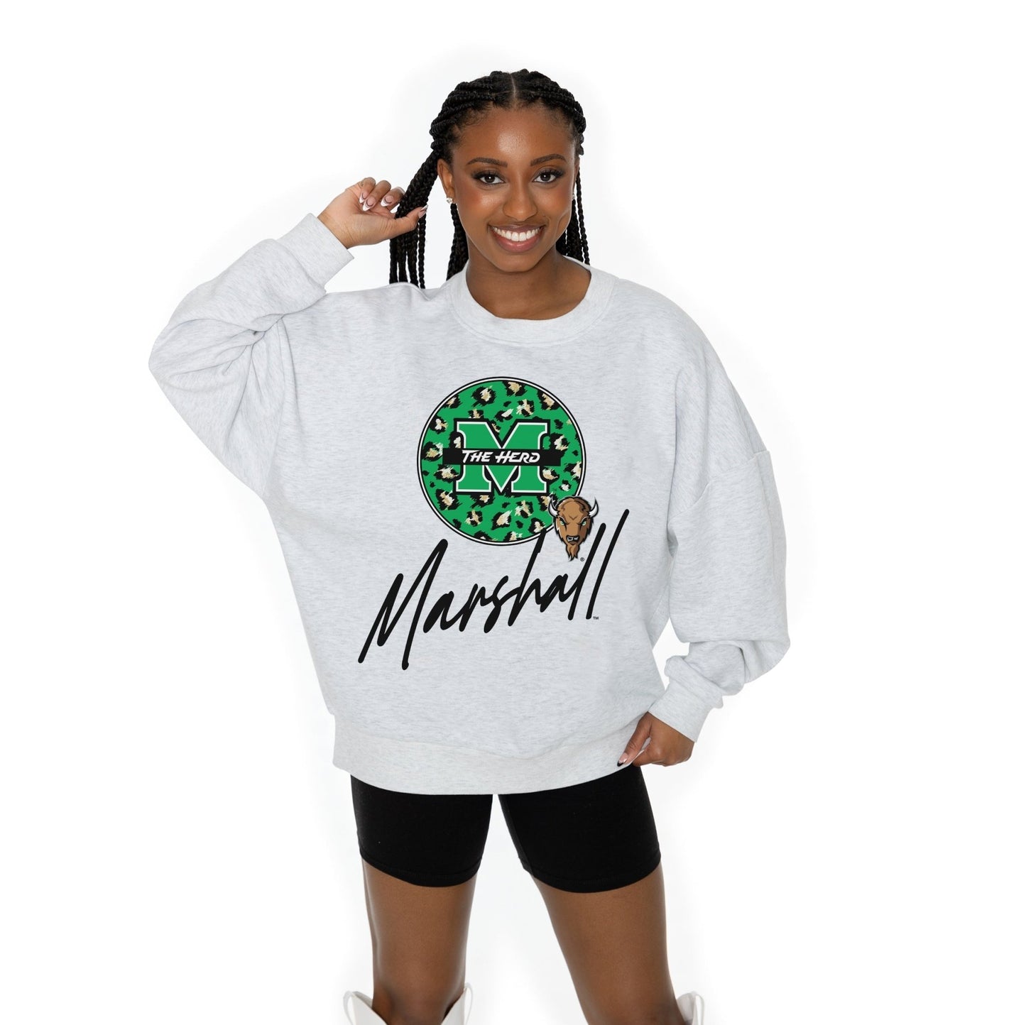 MARSHALL THUNDERING HERD GOING WILD LONG SLEEVE UNISEX FIT PREMIUM FLEECE CREWNECK SWEATSHIRT WITH RIBBED KNIT NECKLINE, WRIST, AND WAISTBAND - The Club