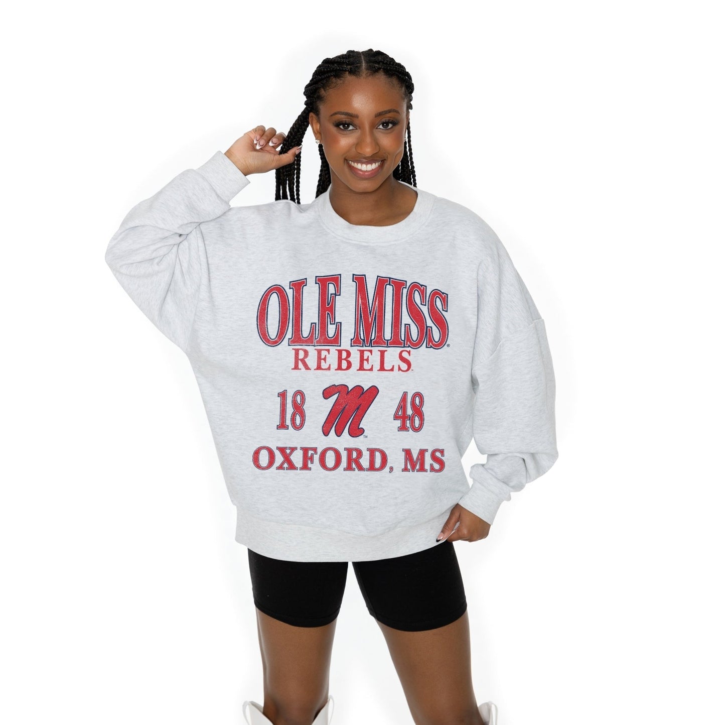 OLE MISS REBELS ALLEGIANCE LONG SLEEVE UNISEX FIT PREMIUM FLEECE CREWNECK SWEATSHIRT WITH RIBBED KNIT NECKLINE, WRIST, AND WAISTBAND - The Club