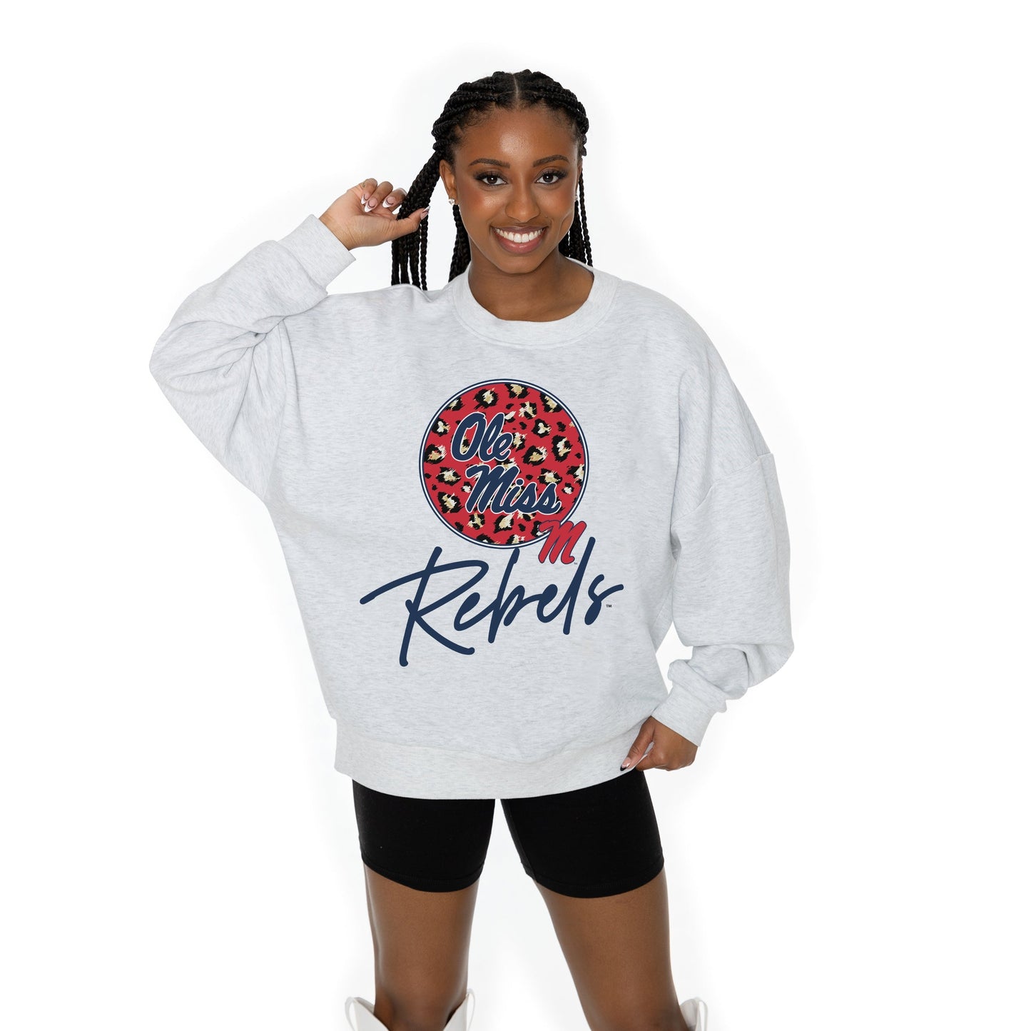 OLE MISS REBELS GOING WILD LONG SLEEVE UNISEX FIT PREMIUM FLEECE CREWNECK SWEATSHIRT WITH RIBBED KNIT NECKLINE, WRIST, AND WAISTBAND